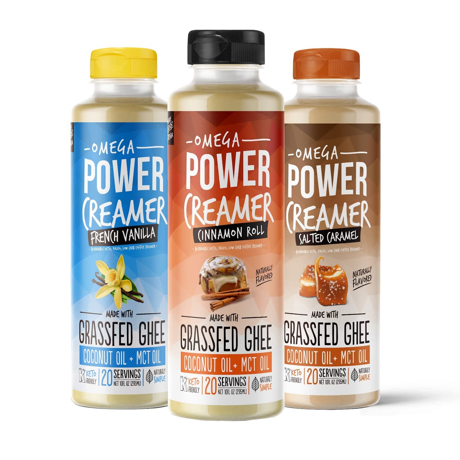 PowerCreamer Keto Coffee Creamer Variety 3-Pack - French Vanilla, Cinnamon Roll, Salted Caramel - 0g Sugar | Grass-fed Ghee, MCT Oil, Organic Coconut Oil - Supports Natural Energy | 10 oz bottles