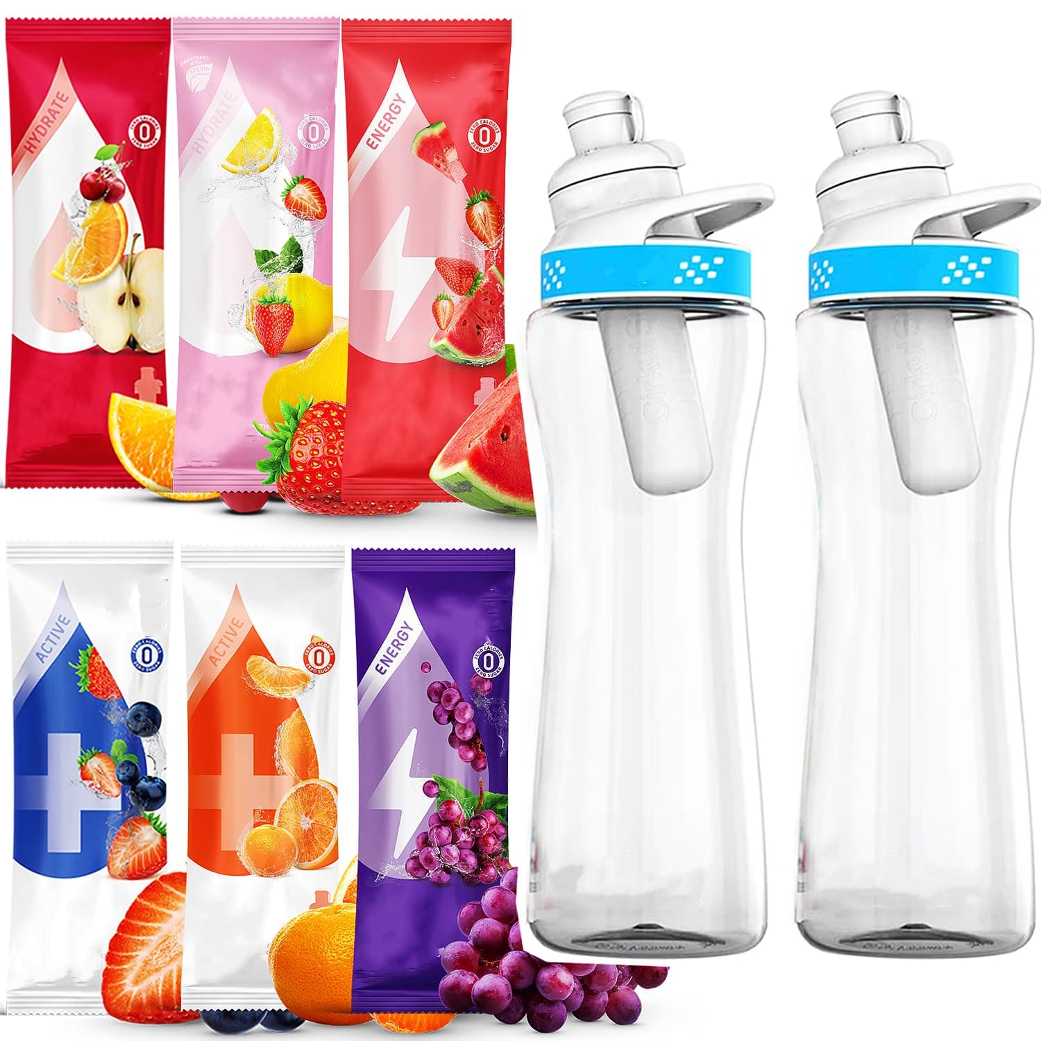 Two 22oz Plastic Water Bottle with Blue Lid and 6 Random Flavor Cartridges for 𝑪𝒊𝒓 Bottle (2 Water Bottles with Two Lids & 6 Flavors)