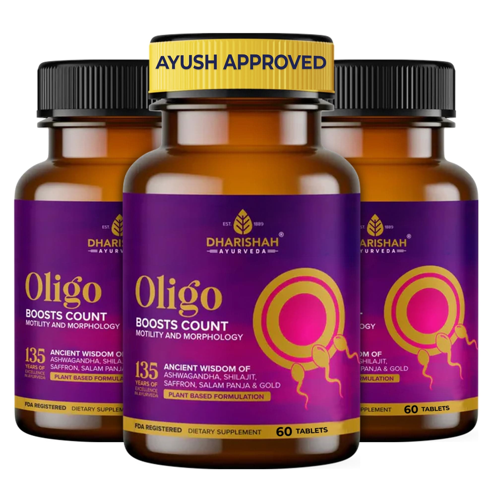Dharishah Ayurveda Oligo Male fertility Supplement For Men - 180 Tablets | Ayurvedic Supplement with Shilajit, Ashwagandha, Safed Musli & Saffron – Herbal Wellness Support for Men