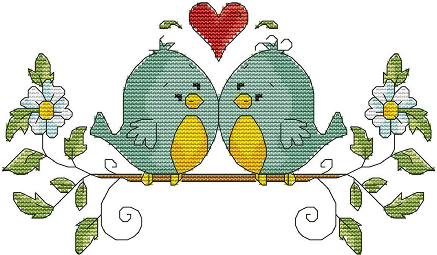 Cross Stitch Stamped Kit Pre-Printed Pattern Love Birds, 11CT Aida Fabric Size 14.6” x 8.7" for Embroidery Needlework Art Crafts Lovers, No Frame