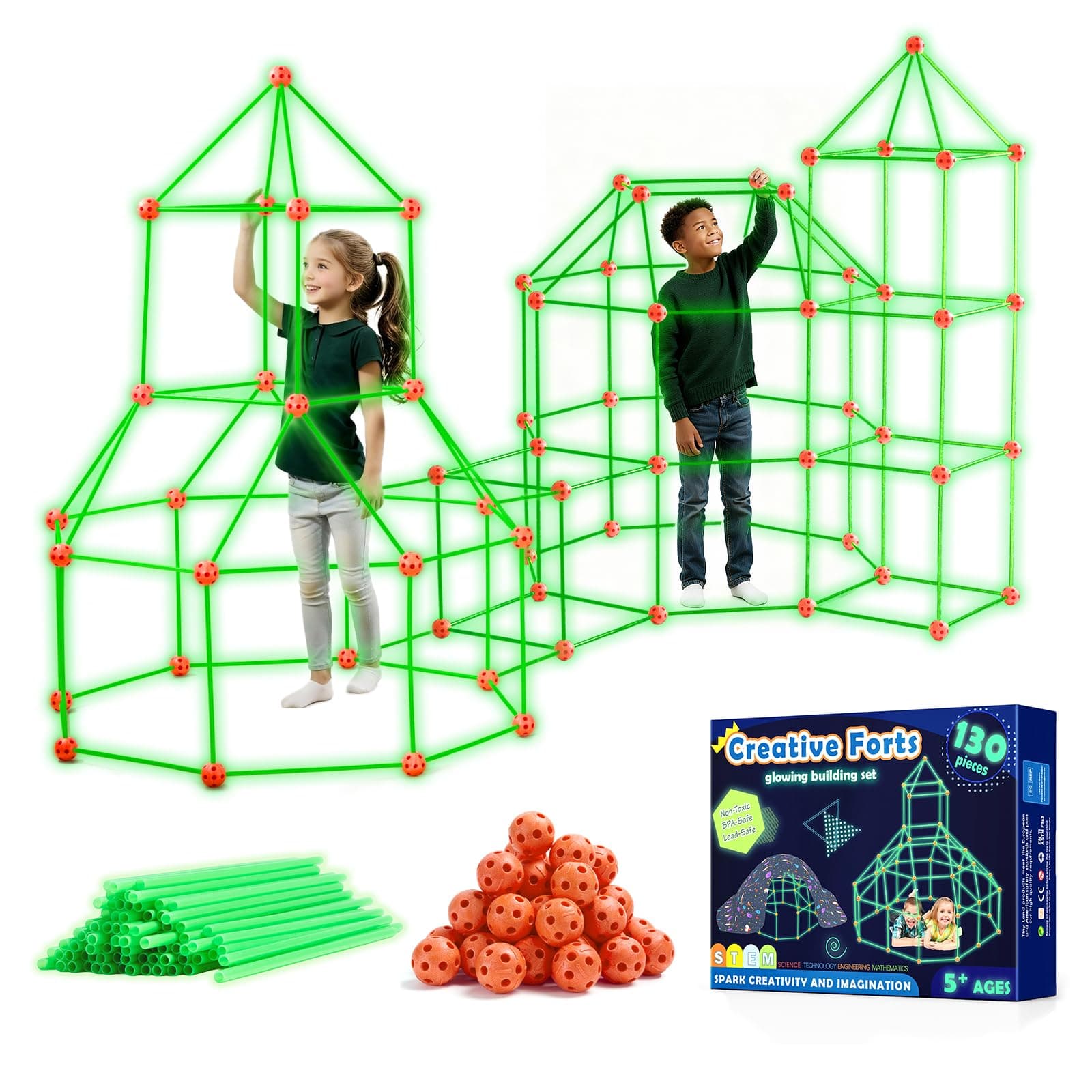 130 Pcs Fort Building Kit for Kids - Glow in the Dark, Kids Construction Toys for Age 5-10, DIY Den Building Kit for Boys & Girls, STEM Building Toys - Creative Fort, Play Tent Outdoor