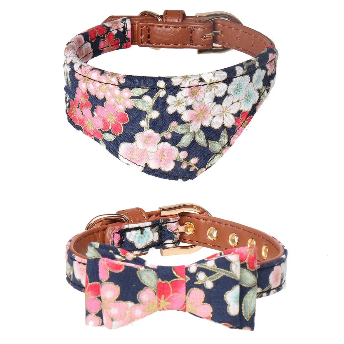 Fourhorse Small Dog and Cat Collars with Cute Blue Flowers Bandana and Bowtie , Adjustable Buckle Soft and Comfortable