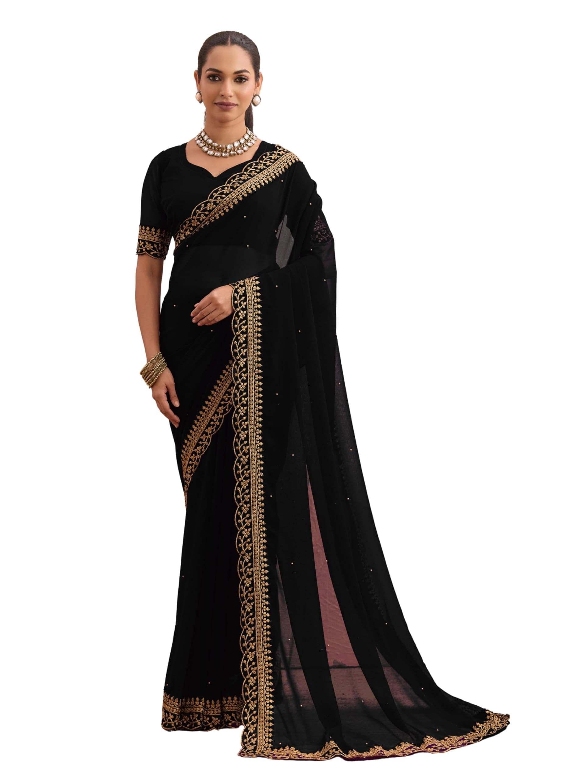 Saree for Women Georgette Embroidery Saree with Unstitched Blouse Piece