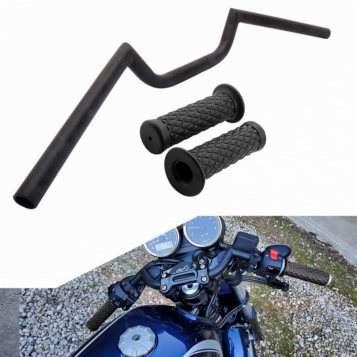 AnXin オートバイ 7/8インチ 22mm ラバーハンドルバーグリップ付き カフェレーサー エース クラブマンスタイル ハンドルバー 汎用 Bobber カスタムアプリケーション ブラック