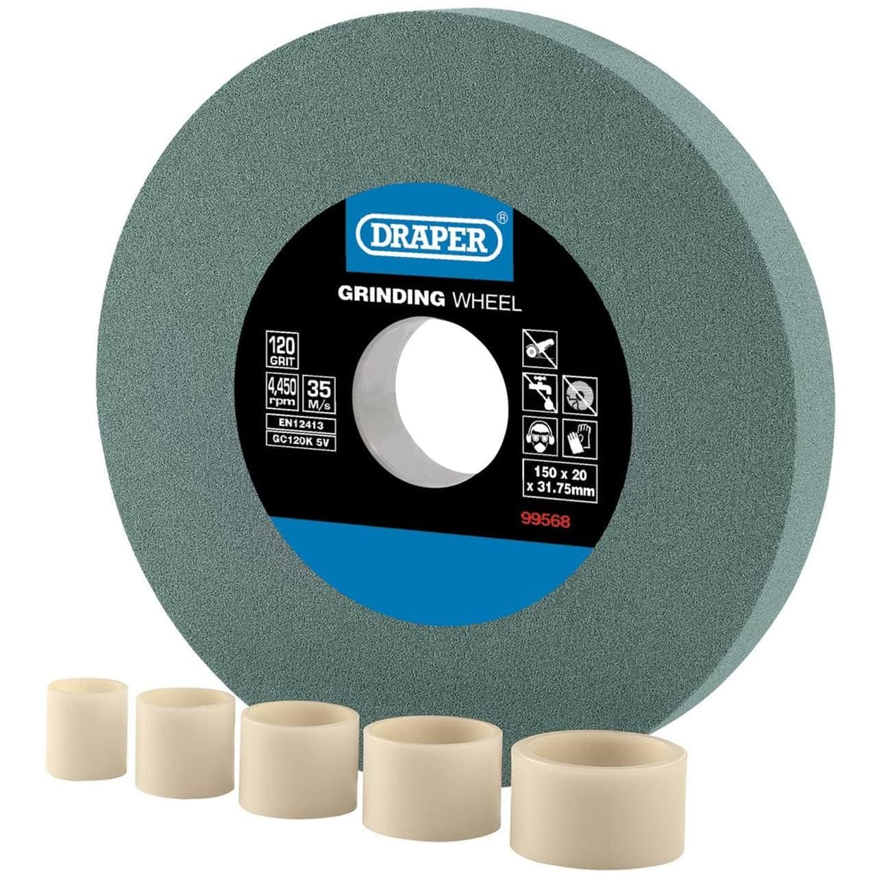 Draper 150mm x 20mm Bench Grinding Wheel | 120 Grit TCT Tool Sharpener | 5 Reduction Rings | Dry Cutting | 31.75mm Bore | 99568
