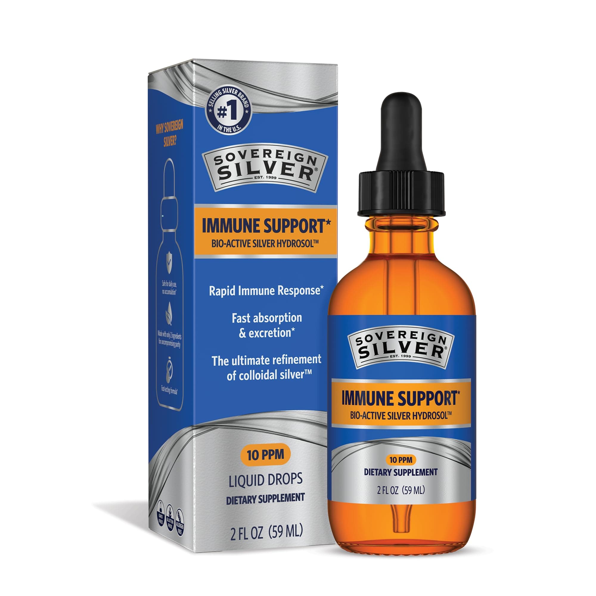 Immune Support - Colloidal Silver, Bio-Active Silver Hydrosol, 10 ppm, Liquid Dropper, 2 Fl Oz, (59 mL)