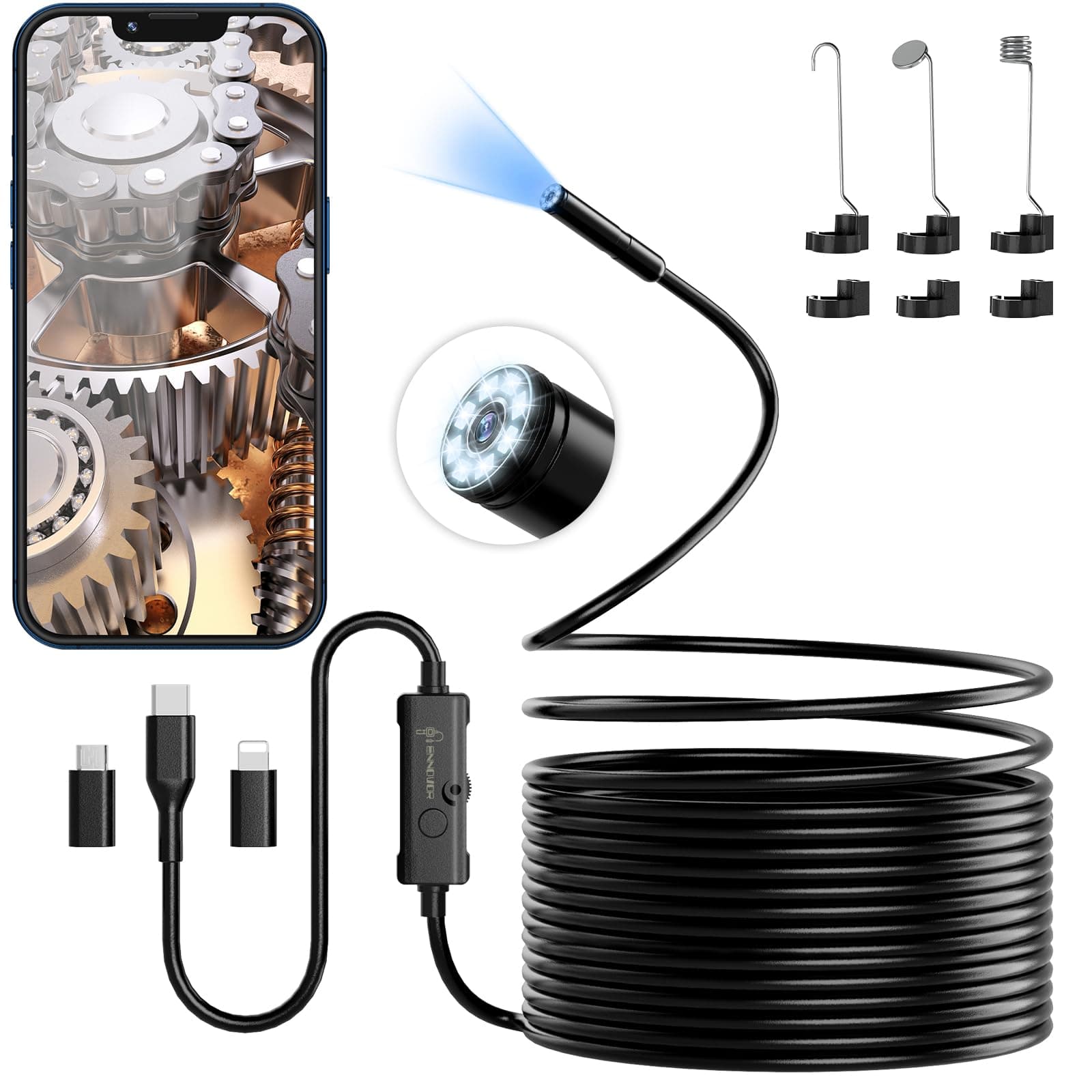 Endoscope Inspection Camera, 1920 HD Flexible Rigid Snake Camera, 8 LED Lights, No WiFi, IP67 Waterproof, Black, USB, 5m, For Android iOS Tablet Samsung