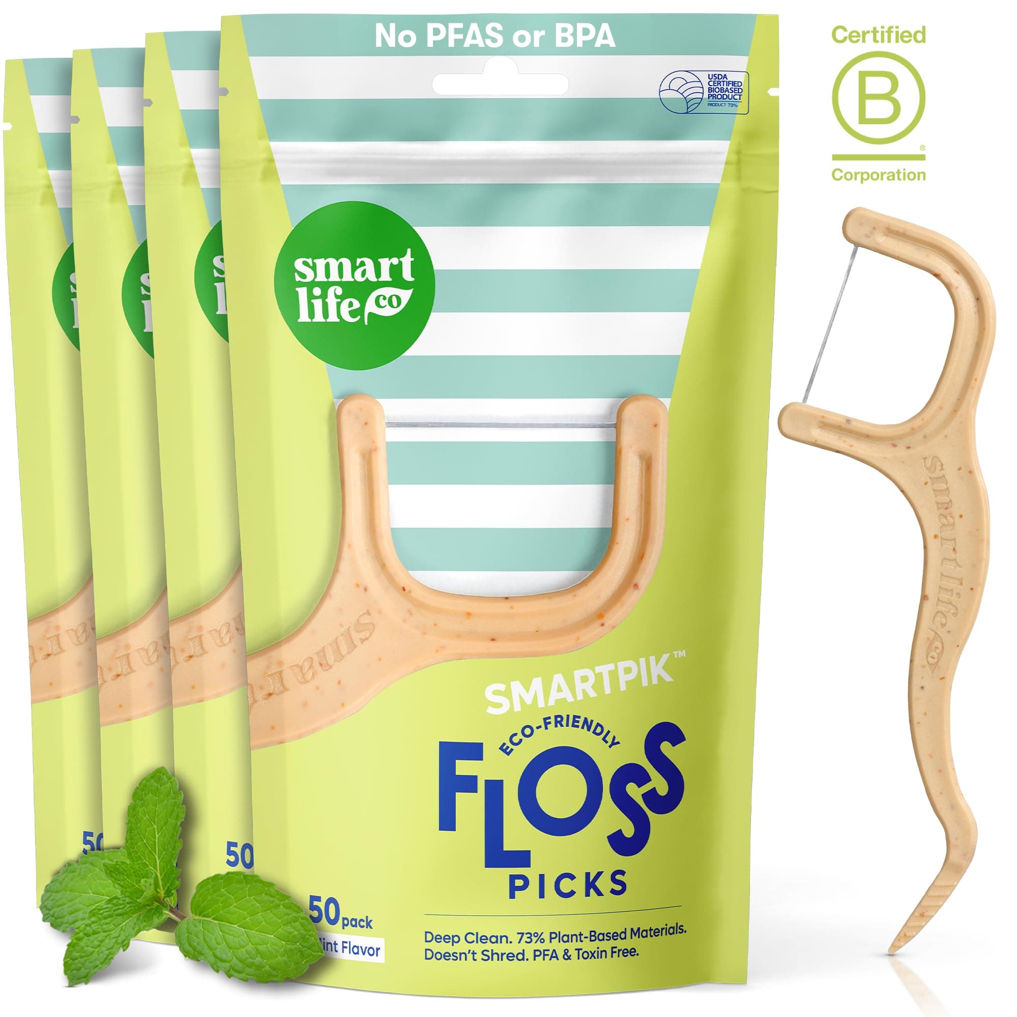 Eco-Friendly Dental Floss Picks (200ct) - Flossers Made with Straw Wheat Blend, Superior Anti-Shred Thread for Tight Gaps, Tooth Pick Stick for Adults, Soft on Gum & Teeth, Vegan, Mint