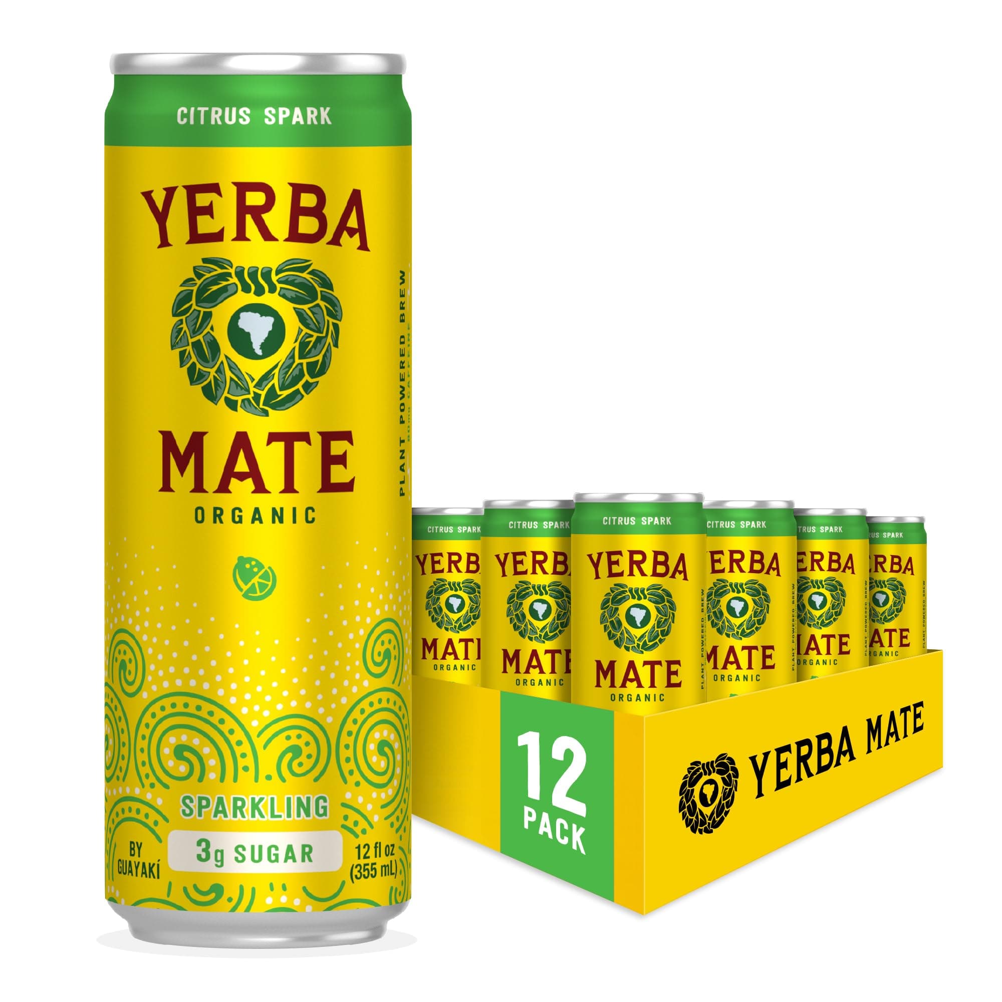 Yerba Madre Organic Sparkling Yerba Mate, Citrus Spark, Low Sugar, 80mg Natural Plant Based Caffeine, Smooth Energy & Focus, Carbonated, 12 Oz (Pack of 12) (Packaging May Vary)USDA Organic
