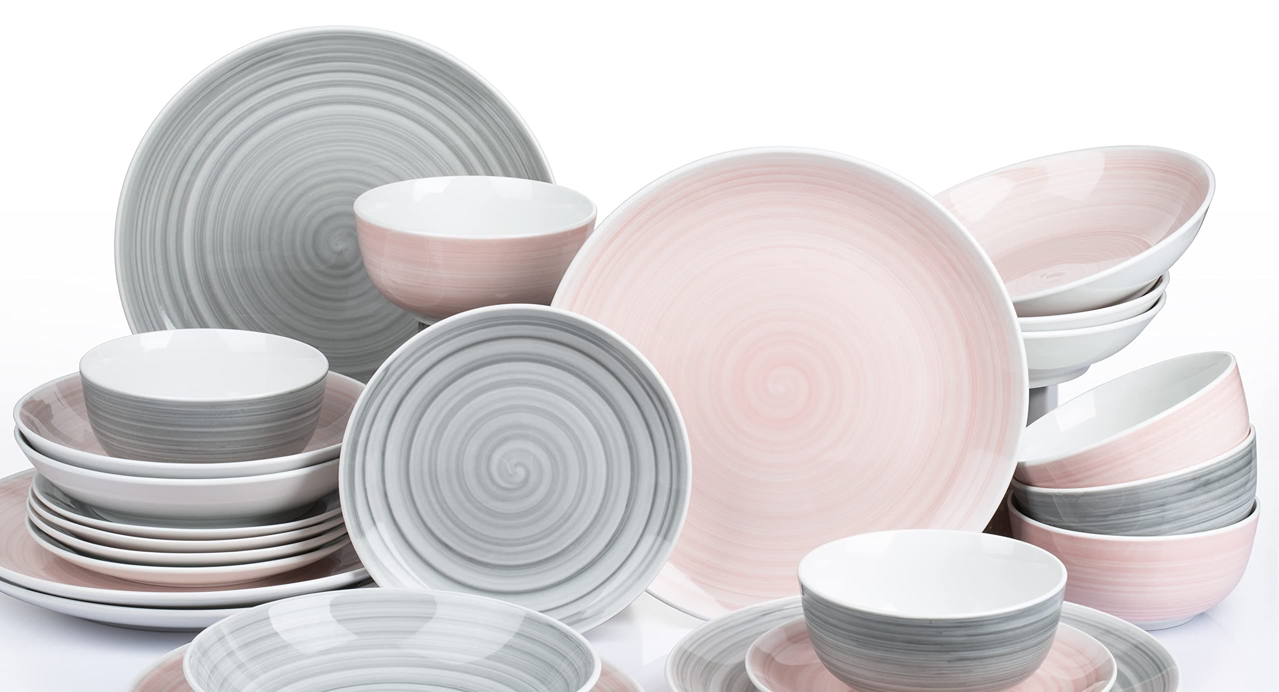Waterside Fine China 24 Piece Pink & Grey Spin Wash Dinner Set