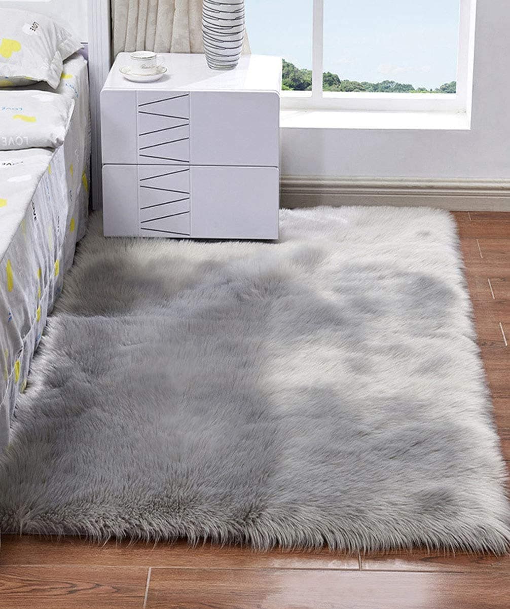 HARESLERectangular Sofa Floor Rugs Faux Fur Fluffy Area Rug Floor Carpet for Living Room Bedroom Decor, Grey/2'x 4'