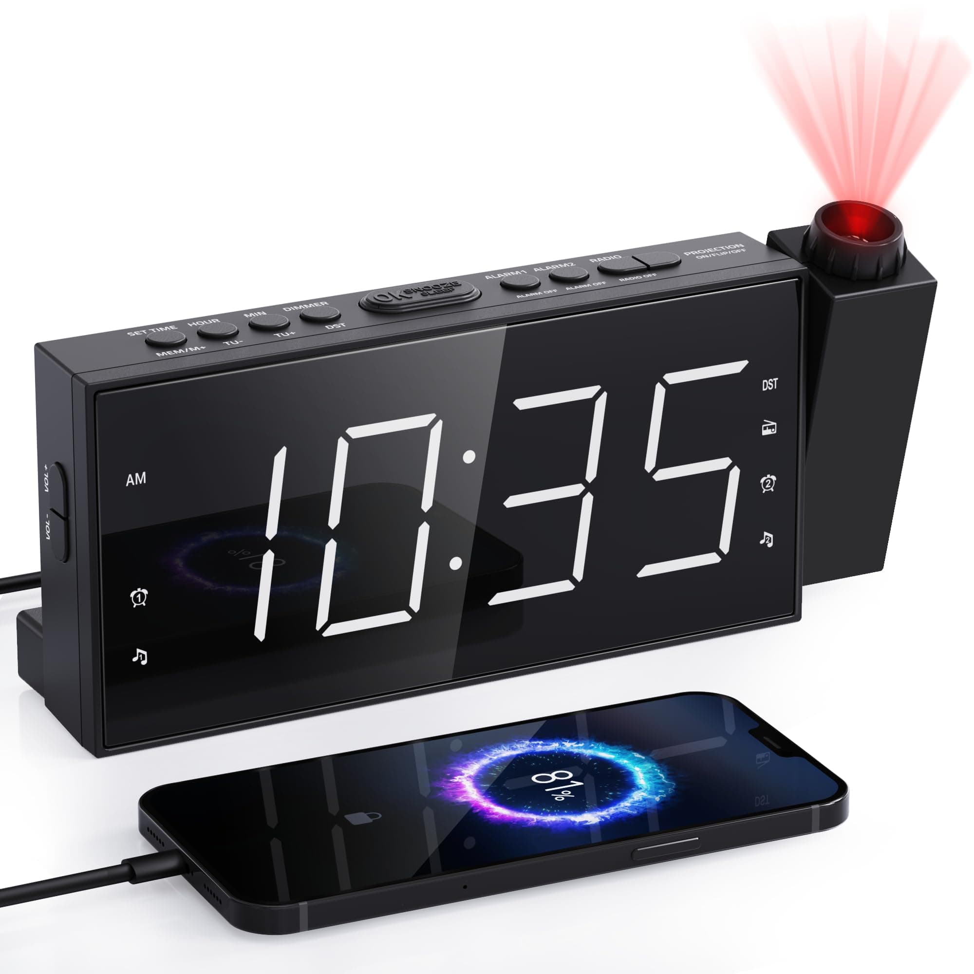 Mesqool Projection Alarm Clock for Bedroom - AM FM Radio & Sleep Timer, 180° Projector, 7" Large Digital LED Display&Dimmer, Dual Alarms, USB Charger, Battery Backup Desk Wall Ceiling Plug -in Clock