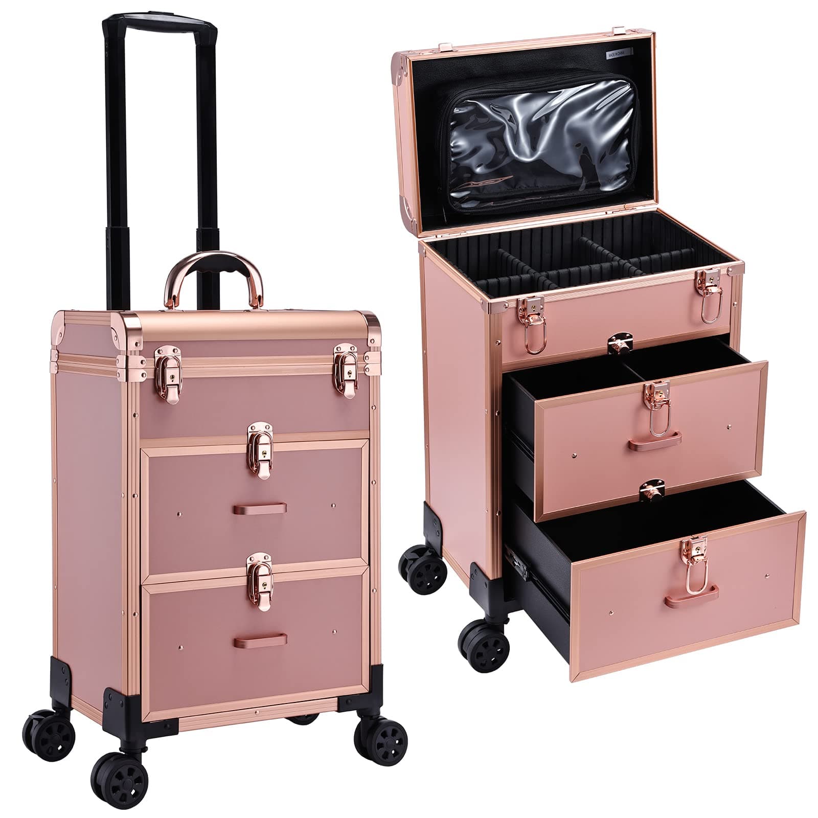 Adazzo Professional Rolling Makeup Train Case with Drawers, Large Cosmetic Trolley with Locks, Cosmetics Storage Organizer Make up Case for Travel Makeup/Nail Art/Hair Styling, Matte Gold