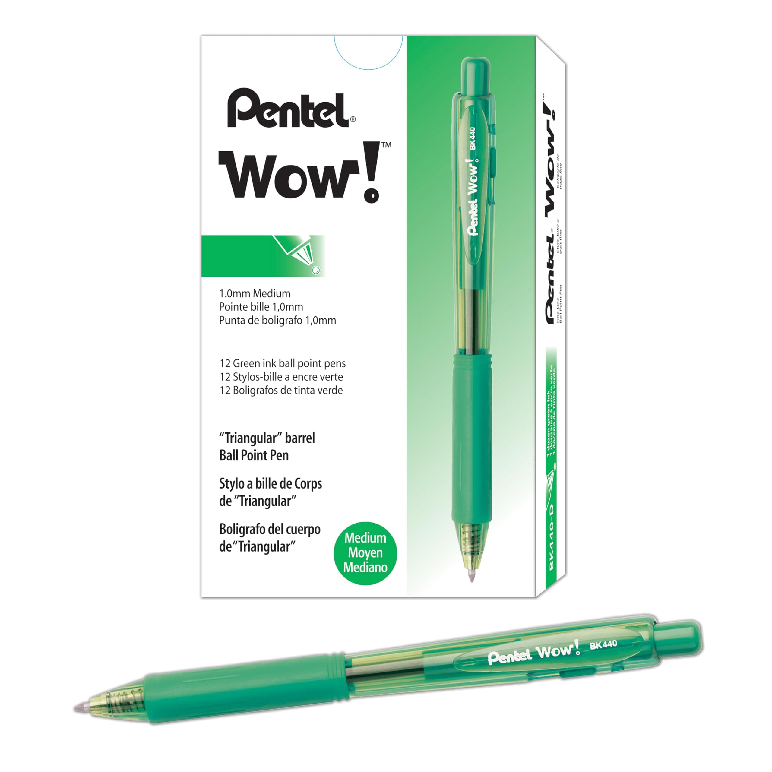 Pentel Wow! Retractable Ballpoint Pens, (1.0mm), Medium Line, Green Ink, Box of 12 (BK440-D)