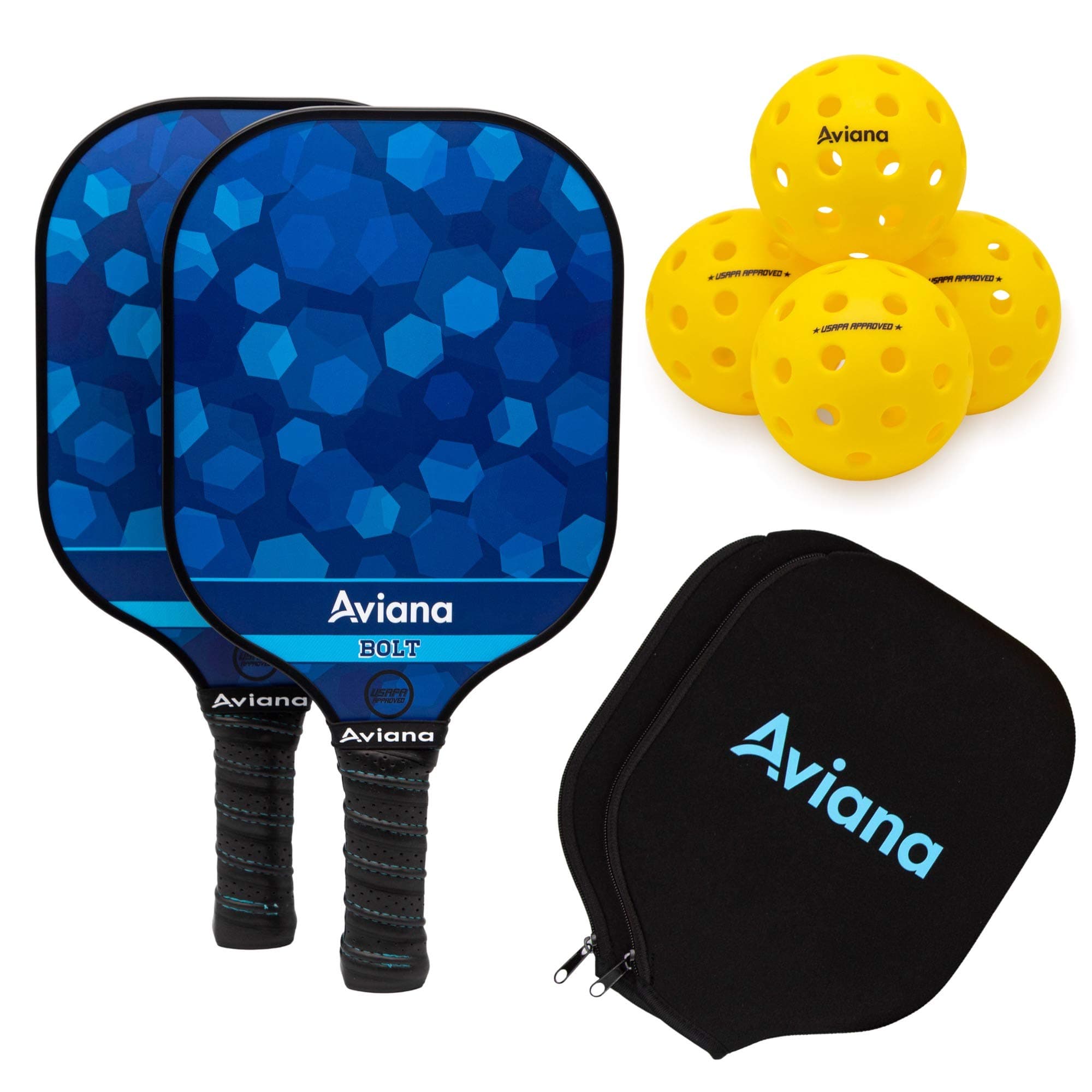 Pro Aviana Pickleball Paddle Set of 2 Durable Graphite Surface USAPA Approved Honeycomb Core Paddles with 4 Outdoor Balls