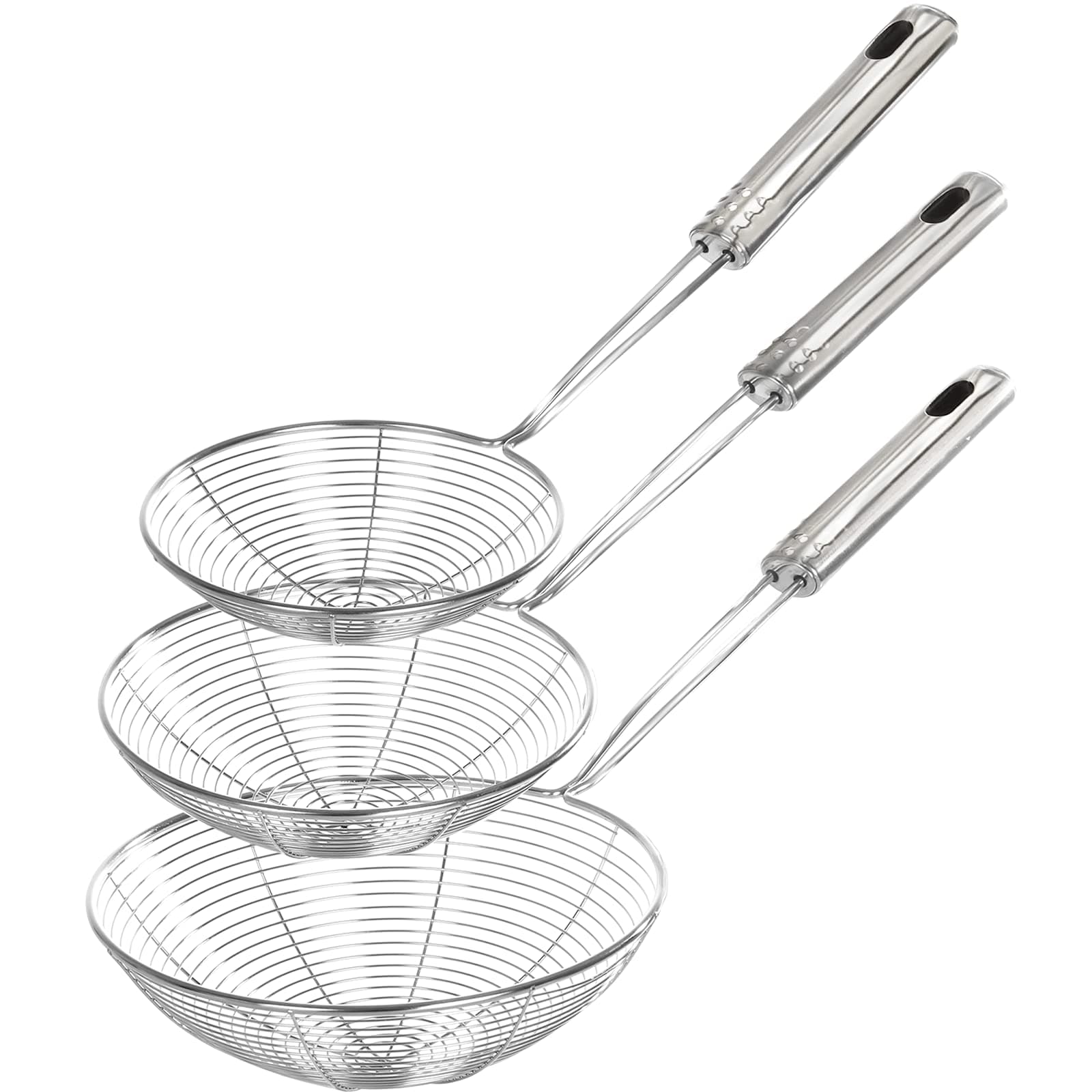 Stainless Steel Spider Strainer Skimmer Ladle Set of 3 Sizes for Cooking, Frying, and Food Preparation - Kitchen Pasta Strainer, 38X15.5X5 Cm, Silver