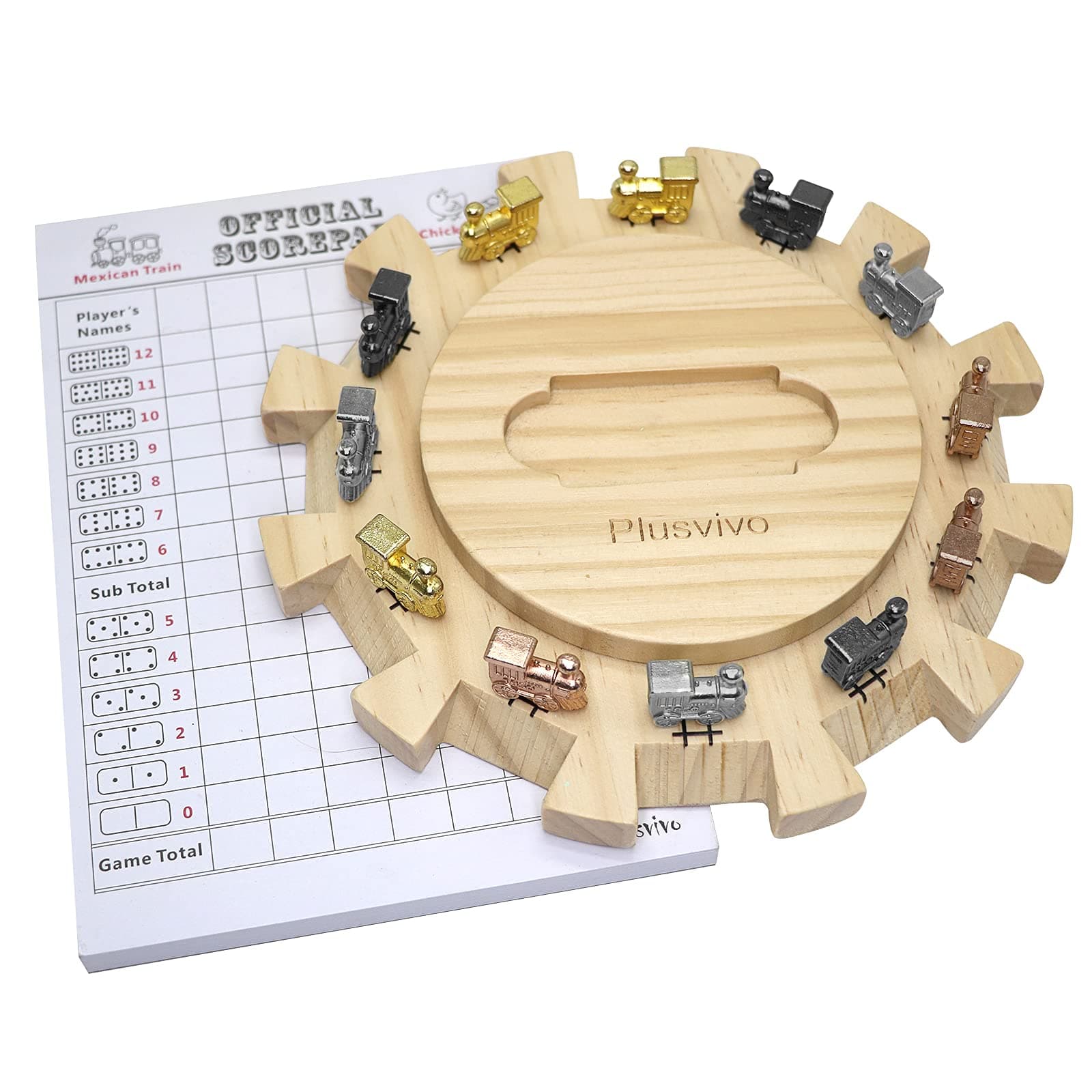 Mexican Train Dominoes Accessories Set-Including a 7.89-Inch Wooden Mexican Train Hub up to 12 Players, 12 Metal Train Markers, and a 70-Sheet Mexican Train Score Pads