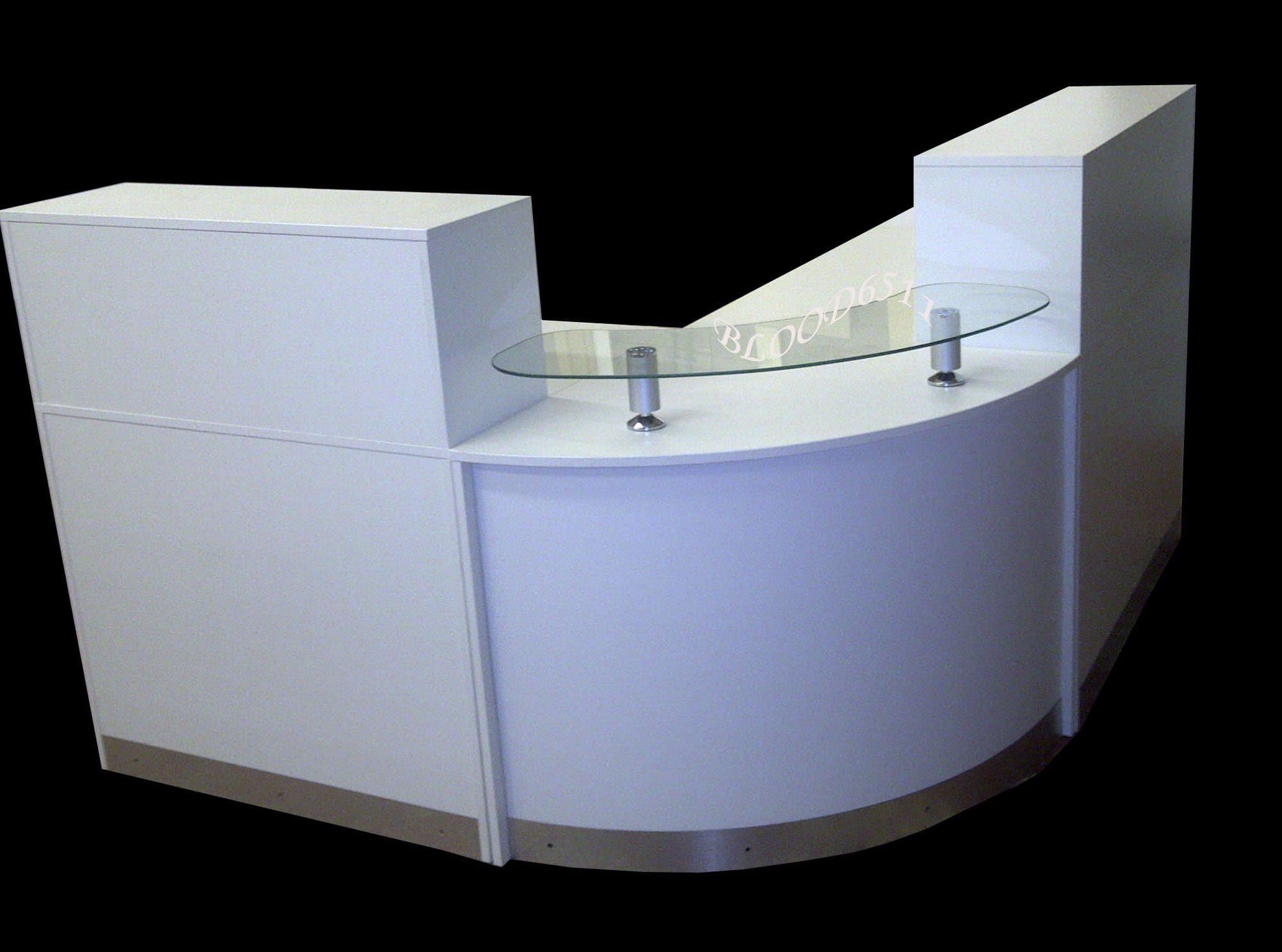 MAGIC KITCHENS White Reception Desk, Curved Glass Unit, Aluminium Plinth, Quality Reception Desk Counter, Conference Meeting Table, 2000mm x 2000mm x 1100mm