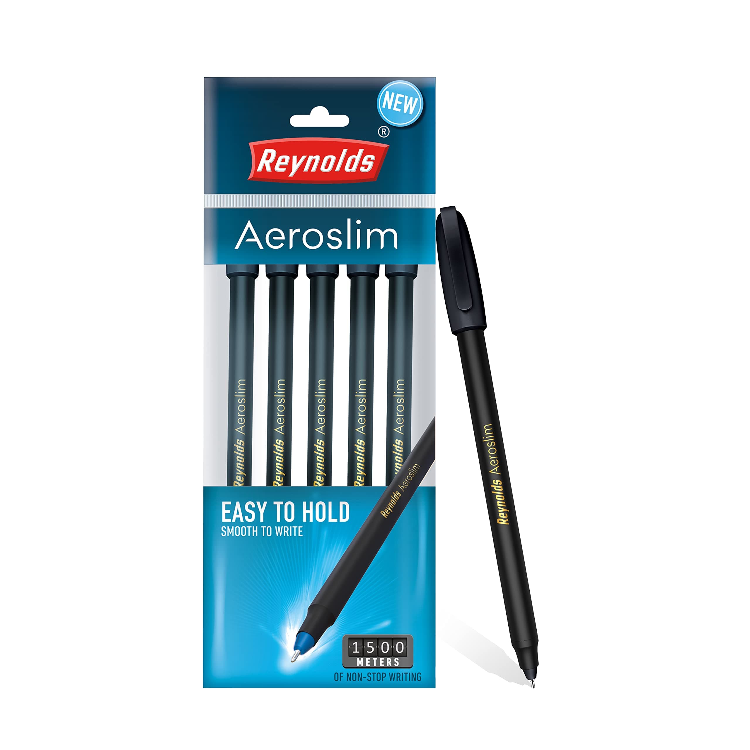 Reynolds AEROSLIM Ball Pen SET - 5 BLACK PENS WITH COMFORTABLE GRIP | Black BALL PENS FOR WRITING | PEN FOR STUDENTS & OFFICE STATIONERY | 0.7 mm TIP SIZE