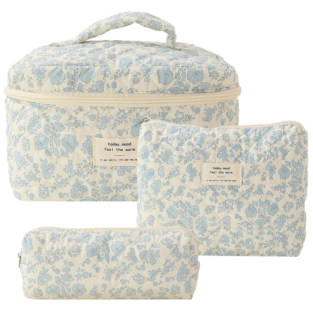 Set of 3 Quilted Cosmetics Bags, Large Toiletry Bags with Aesthetic Floral Pattern, Cotton, Travel Skincare Bags for Women and Girls, Cosmetic bag