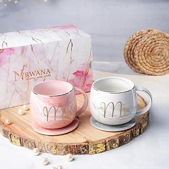 NYRWANA Coffee Mug, Wedding Present for Couples, Marriage Presents for Wedding, Couple Present, Holi Gifts, Mr & Mrs Set of 2 Coffee Mugs, Lids and Beautiful Gift Box (250ml - Ceramic)