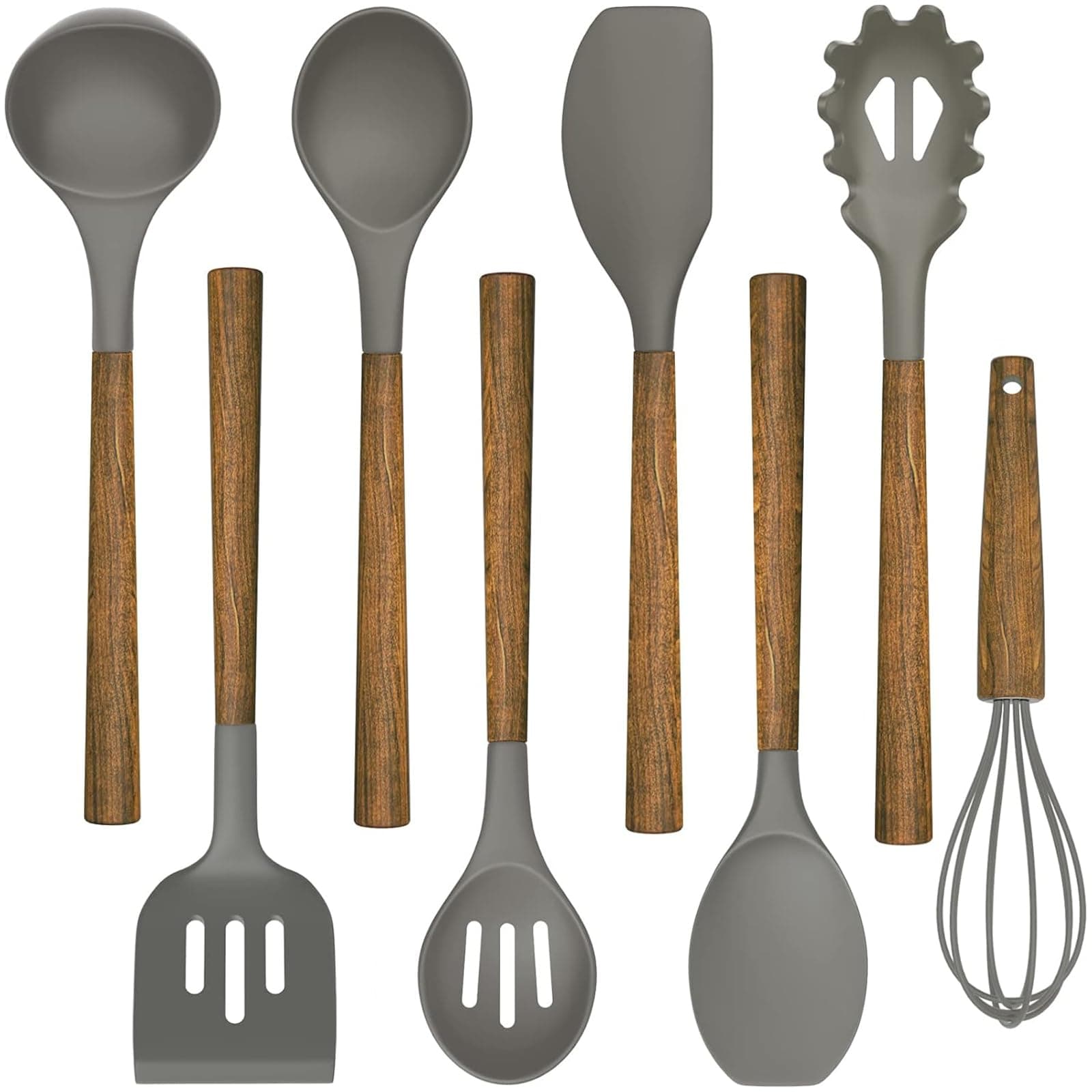 Umite Chef 8-Piece Silicone Cooking Utensil Set, Acacia Wood Handles, BPA Free, Grey, Medium & Small, Triangular & Rectangular, Kitchen Spatula Set