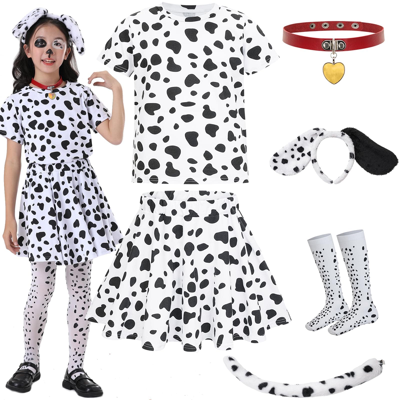 Halloween Dalmatian Costumes Kids, Girls Shirt Tutu Outfit Ears Headband Socks Accessories for 101st Day Of School