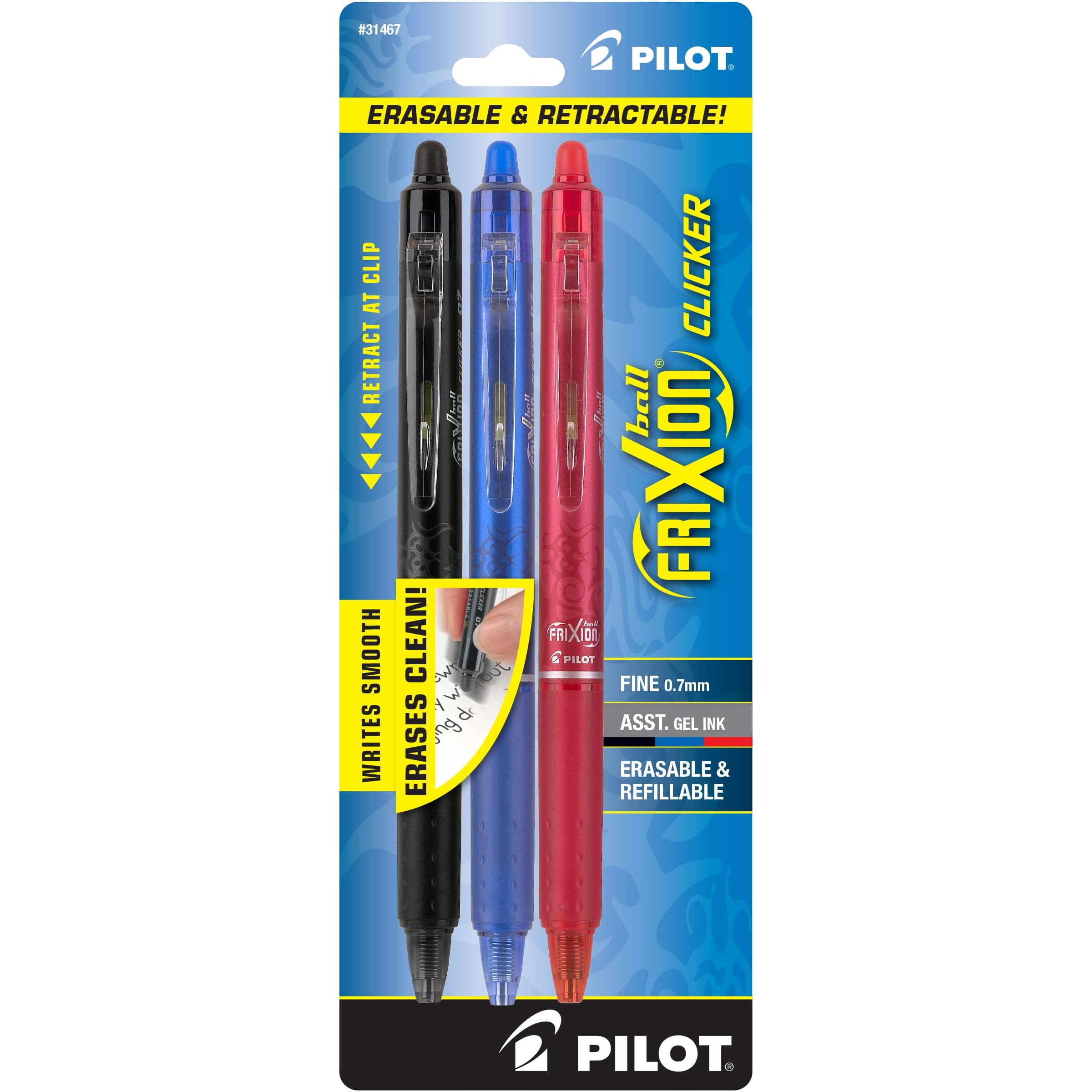 Pilot FriXion Clicker Retractable Erasable Gel Pens, 0.7mm Fine Point, Black/Blue/Red Ink, 3-Pack