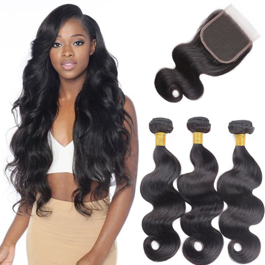 Brazilian Kinky Curly Human Hair Bundles With Closure Unprocessed Virgin Curly Hair Weave 3 Bundles With Closure (20 22 24 + 20, Body Wave Natural Black)