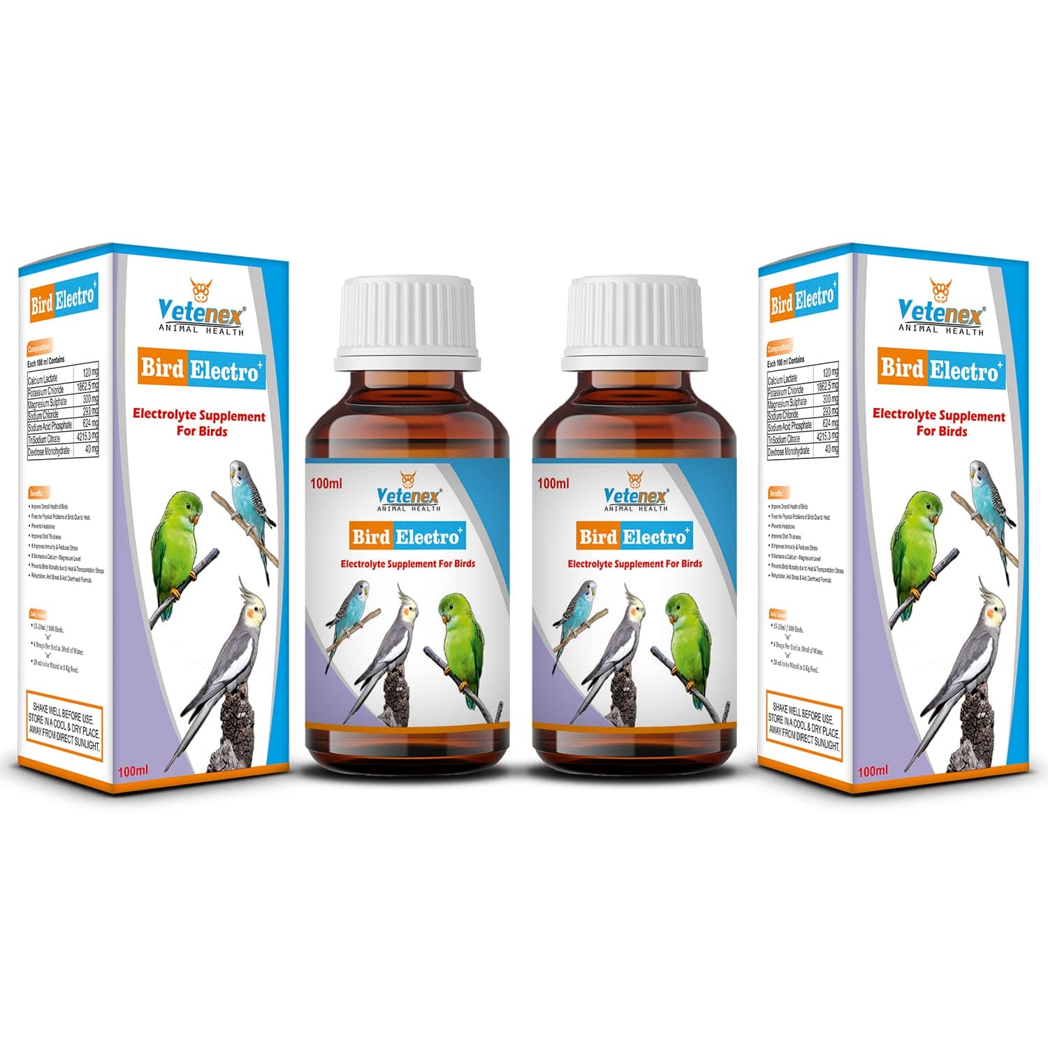 Bird Electro Plus - Birds Electrolyte Supplement for Dehydration, Heat Stress & Loose Motion (100 ml x 2) Combo - Pack of 2