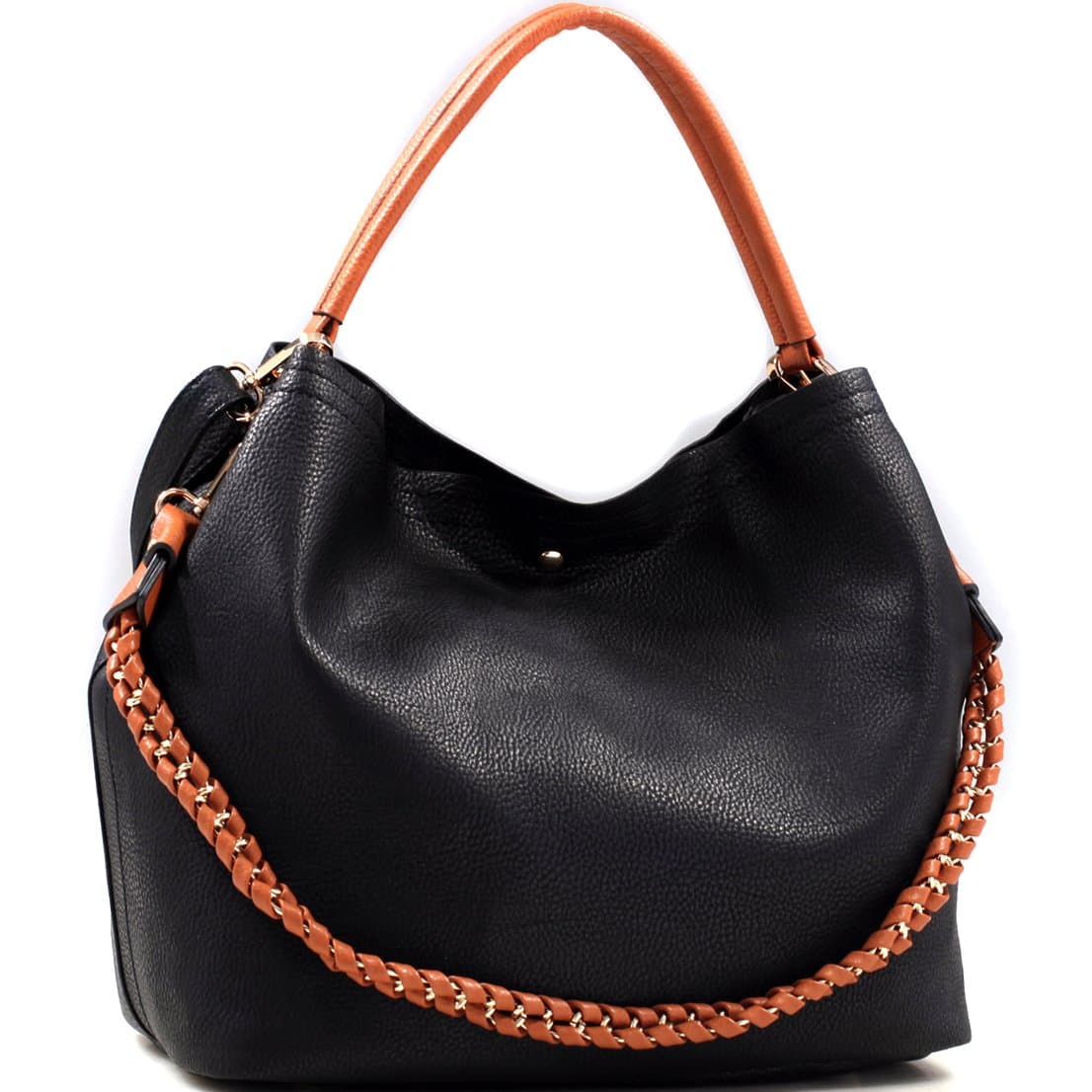 Dasein Faux Leather 2 in 1 Hobo Shoulder Bag - Black/Brown Trim