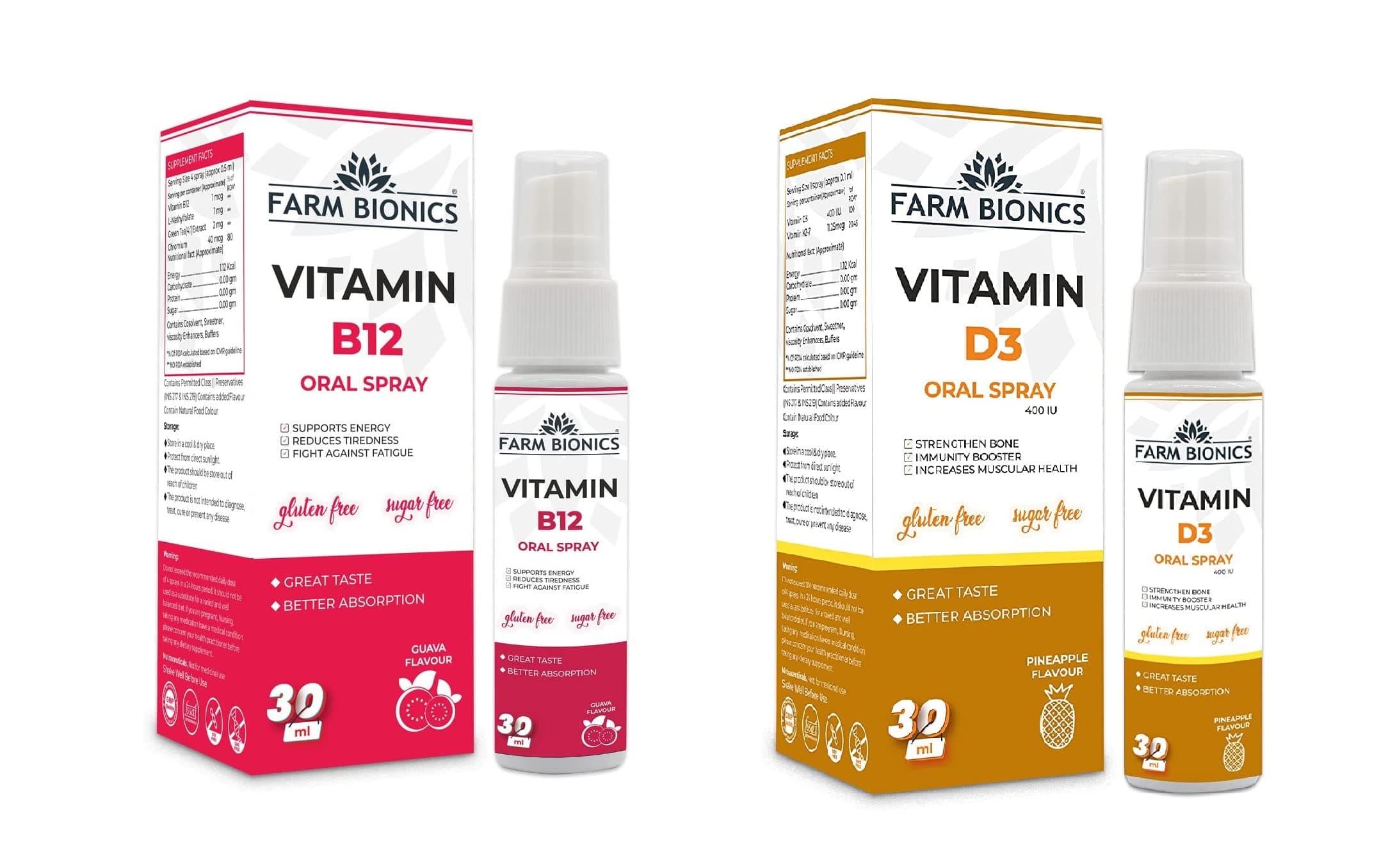 FARM BIONICS Combo of Guava Flavour Vitamin B12 and Pineapple Flovour Vitamin D3 Oral Spray, 30 ml | 100% Vegetarian | Sugar and Gluten Free | Immunity Booster Spray for Men & Women