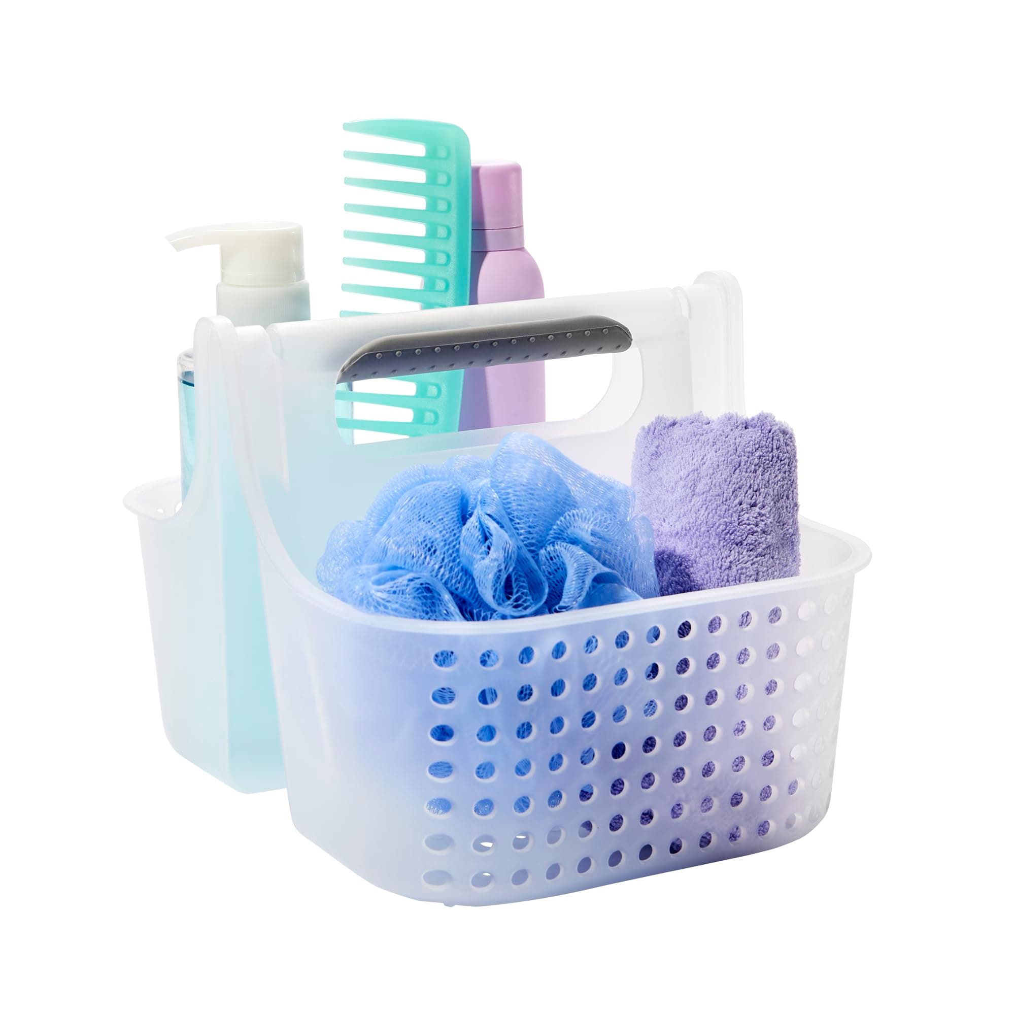madesmart Portable Shower Caddy, Hold Soap, Shampoo, Hair Supplies and Beauty Products, Cleaning Supplies Organizer for Home, Dorm, Plastic Shower Tote, Soft Handle, Frost