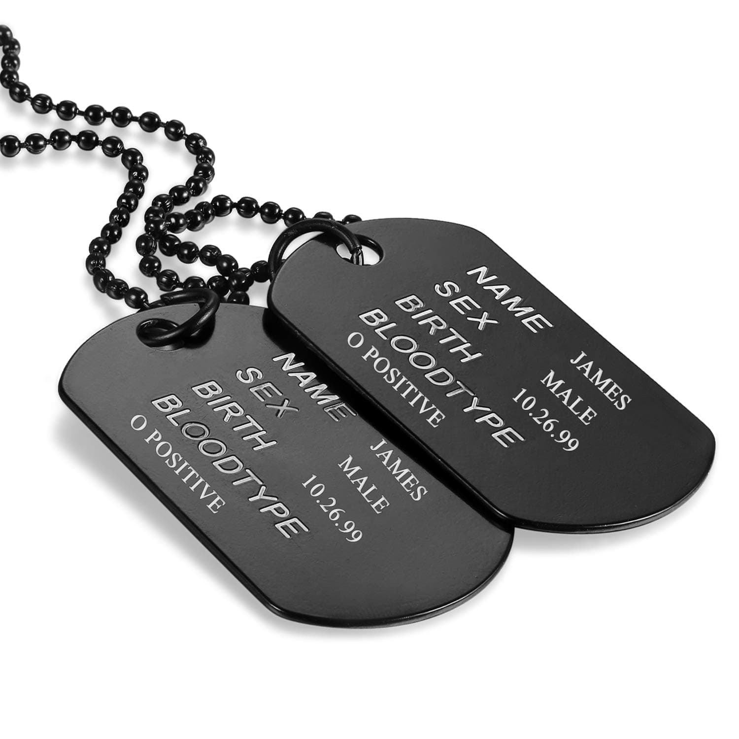 OIDEA Free Engraving! Mens High Polished Double Army Dog Tag Pendant Necklace,Black,27 Inch Chain Included