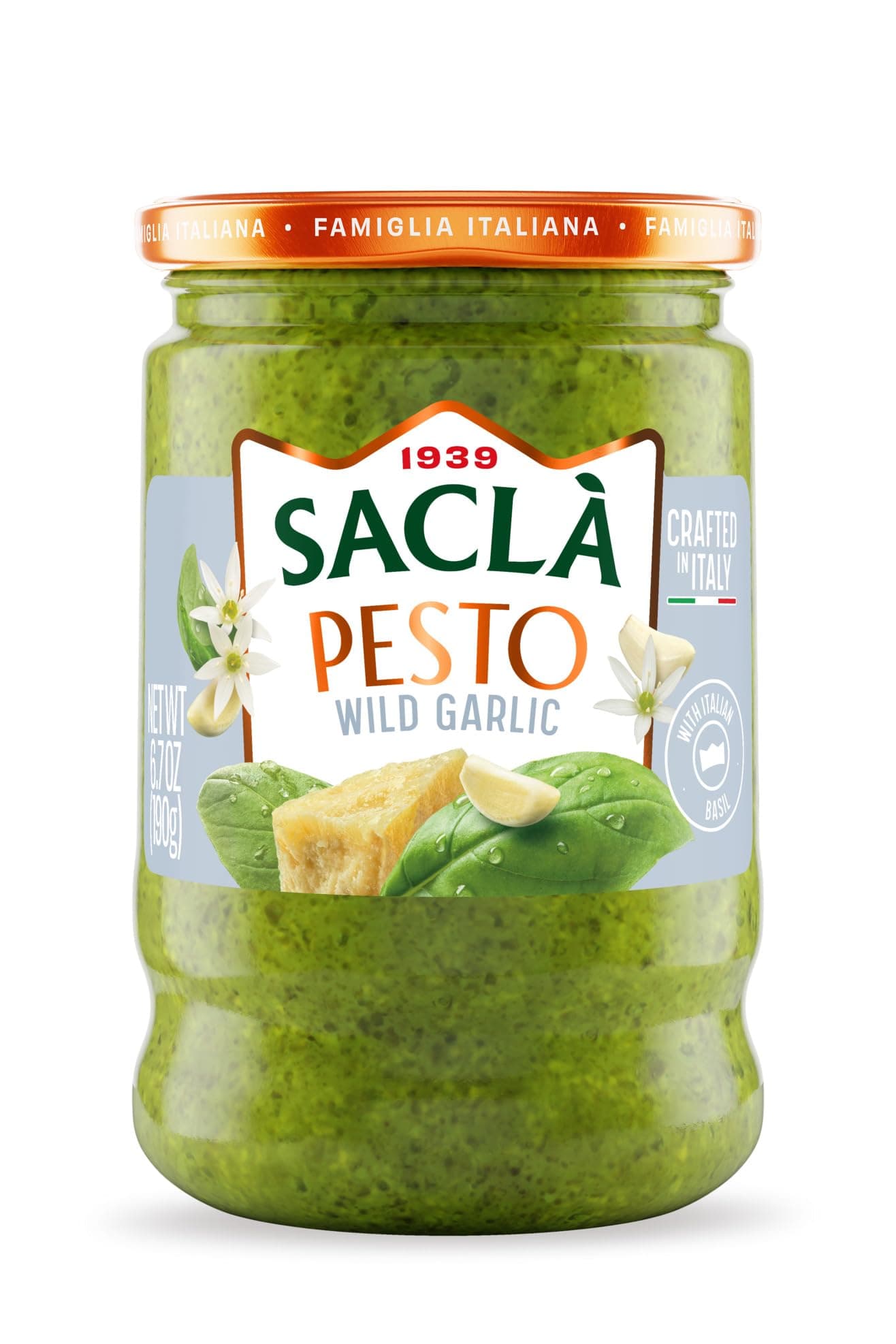 SACLA Wild Garlic Pesto Sauce | Basil & Wild Garlic Italian Pesto with Parmigiano Reggiano & Pecorino Romano Cheeses | 6.7 oz Glass Jar | Non-GMO Gourmet Sauce Imported from Italy