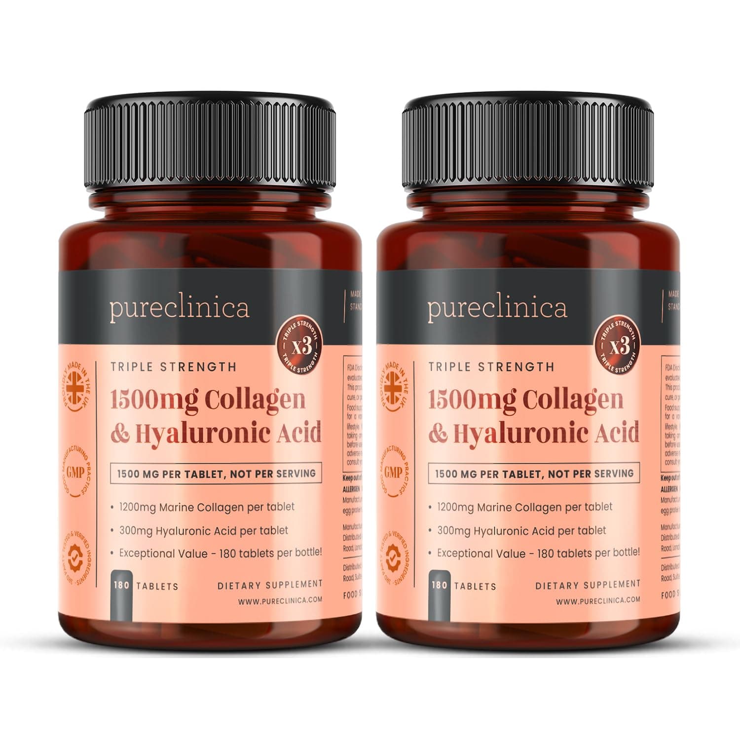 pureclinica UltraColl Collagen & Hyaluronic Acid 1500mg x 360 Tablets (2 Bottles of 180) - 1 Years Supply