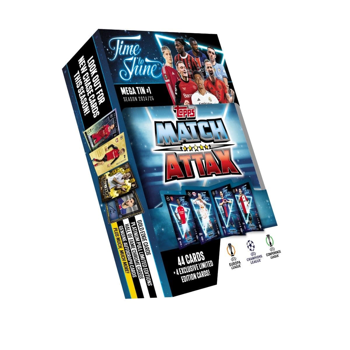 Topps Match Attax 24/25 - Mega Tin 'Time to Shine' - Tin 1 - contains 44 Match Attax cards plus 4 exclusive LE's - Bukayo Saka, Benjamin Šeško, Vitinha and Santiago Giménez!