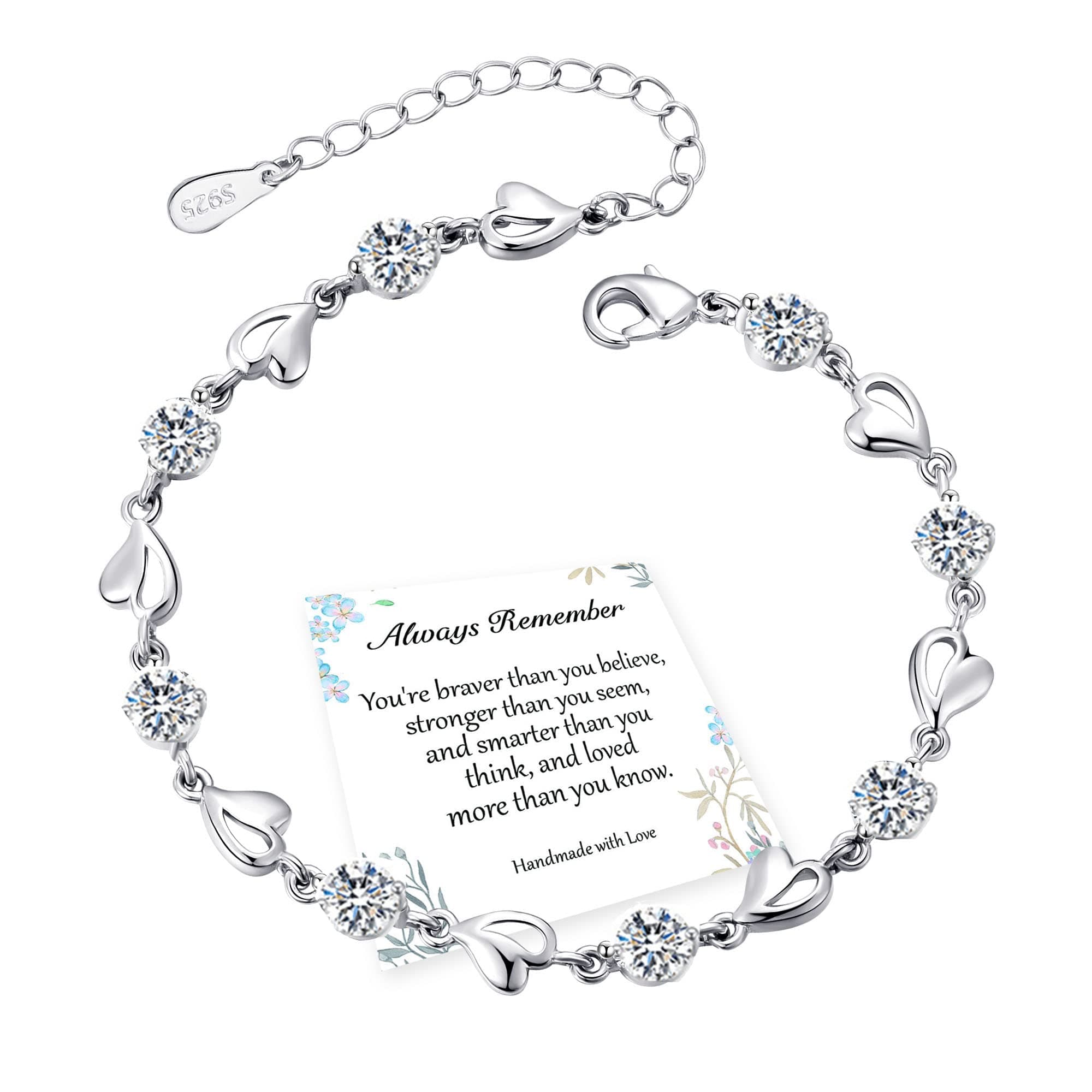 Sterling Silver Love Heart Bracelet with Shiny Crystal Diamonds - Adjustable Heart Bracelet for Women & Girls