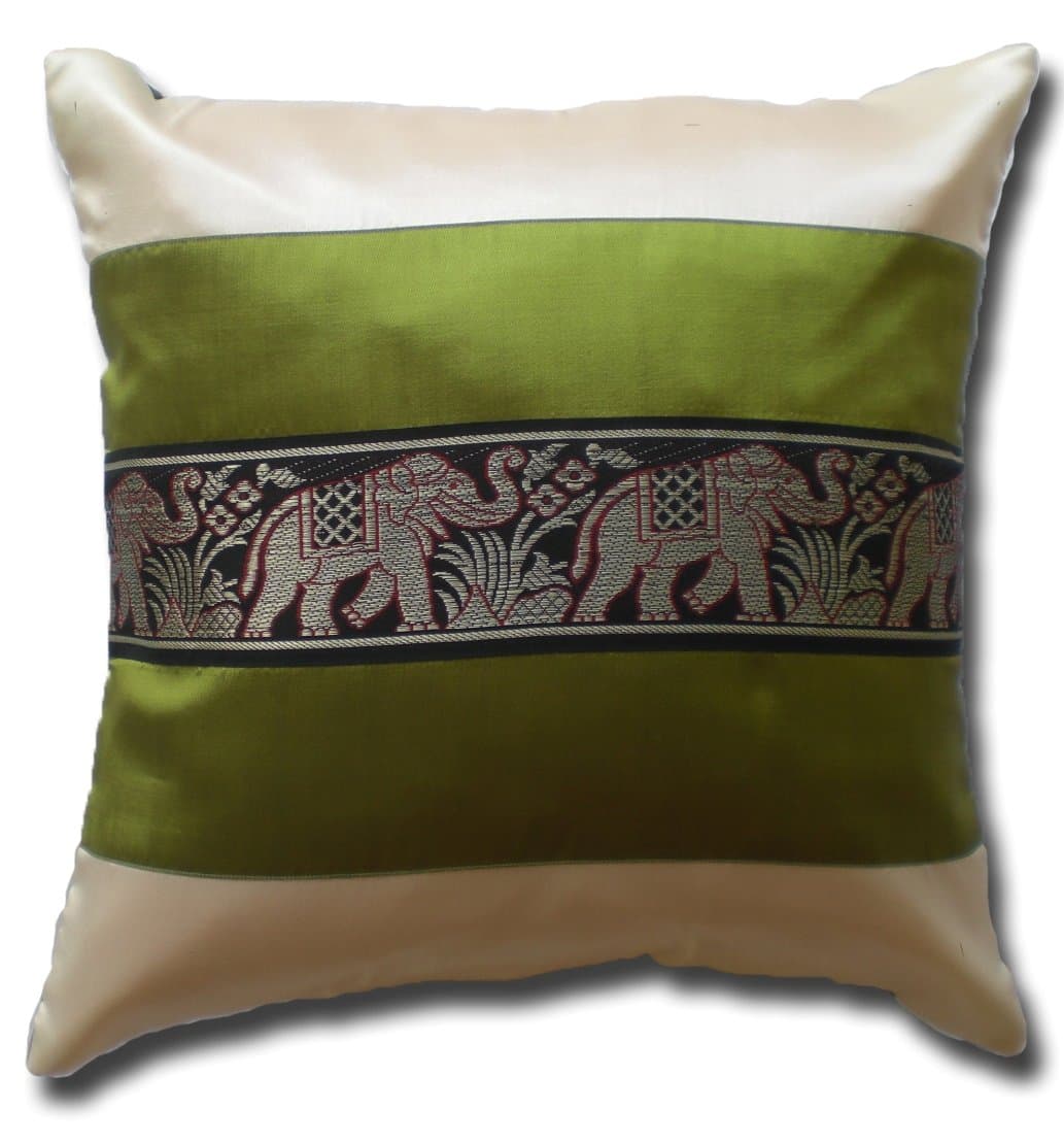 Elephants Elephant – Creamy White Green Thai Silk Cushion Cover Pillow Case/Cushion 41.5 x 41.5 cm/Sofa Bed