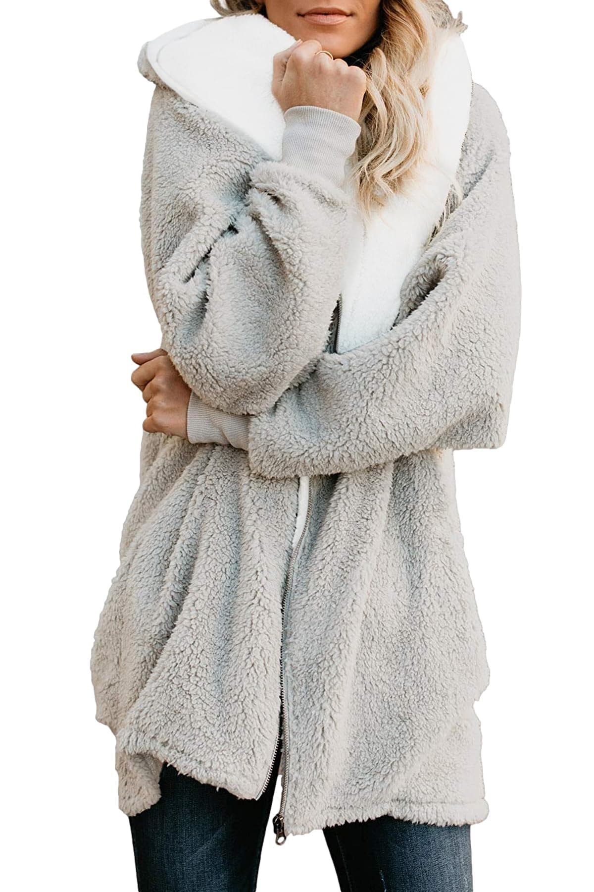 Womens Fleece Zip Up Jacket with Pockets Oversized Long Sherpa Hoodie Fuzzy Jackets Warm Teddy Coat