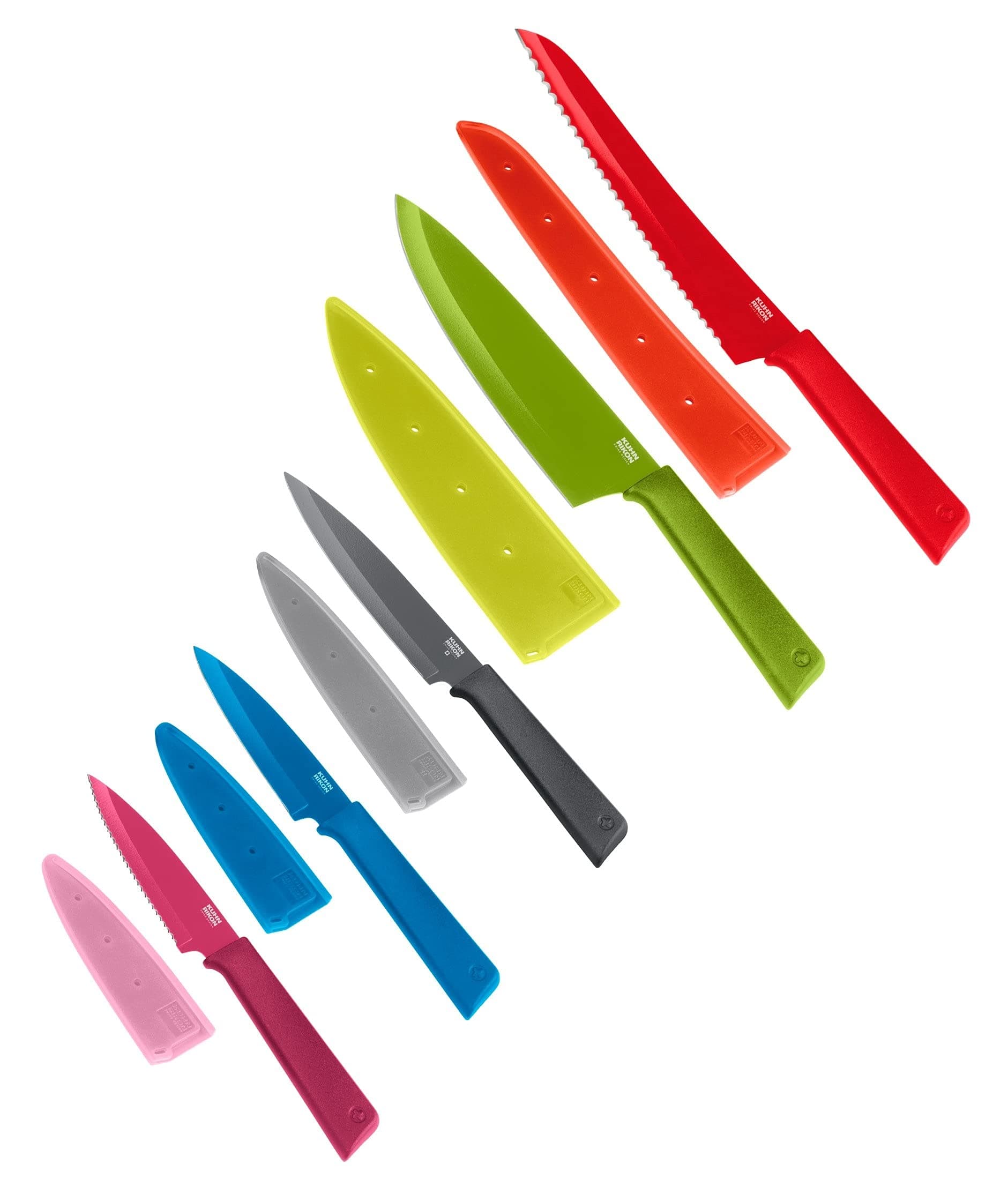 COLORI+ Mixed Knife Set with Non-Stick Coating and Safety Sheaths, Set of 5, Fuchsia, Blue, Graphite Grey, Green and Red