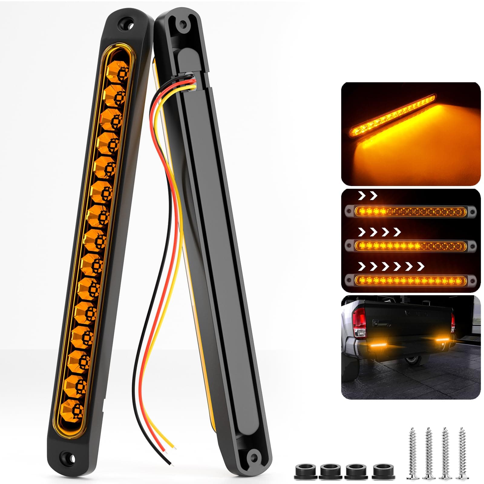 PSEQT 10" 15 LED Trailer Turn Tail Light Bar - Amber Sequential Signal Marker Assembly With Identification Clearance Strip - Waterproof for Wrangler, Golf Cart, Offroad Truck, RV, UTV, ATV