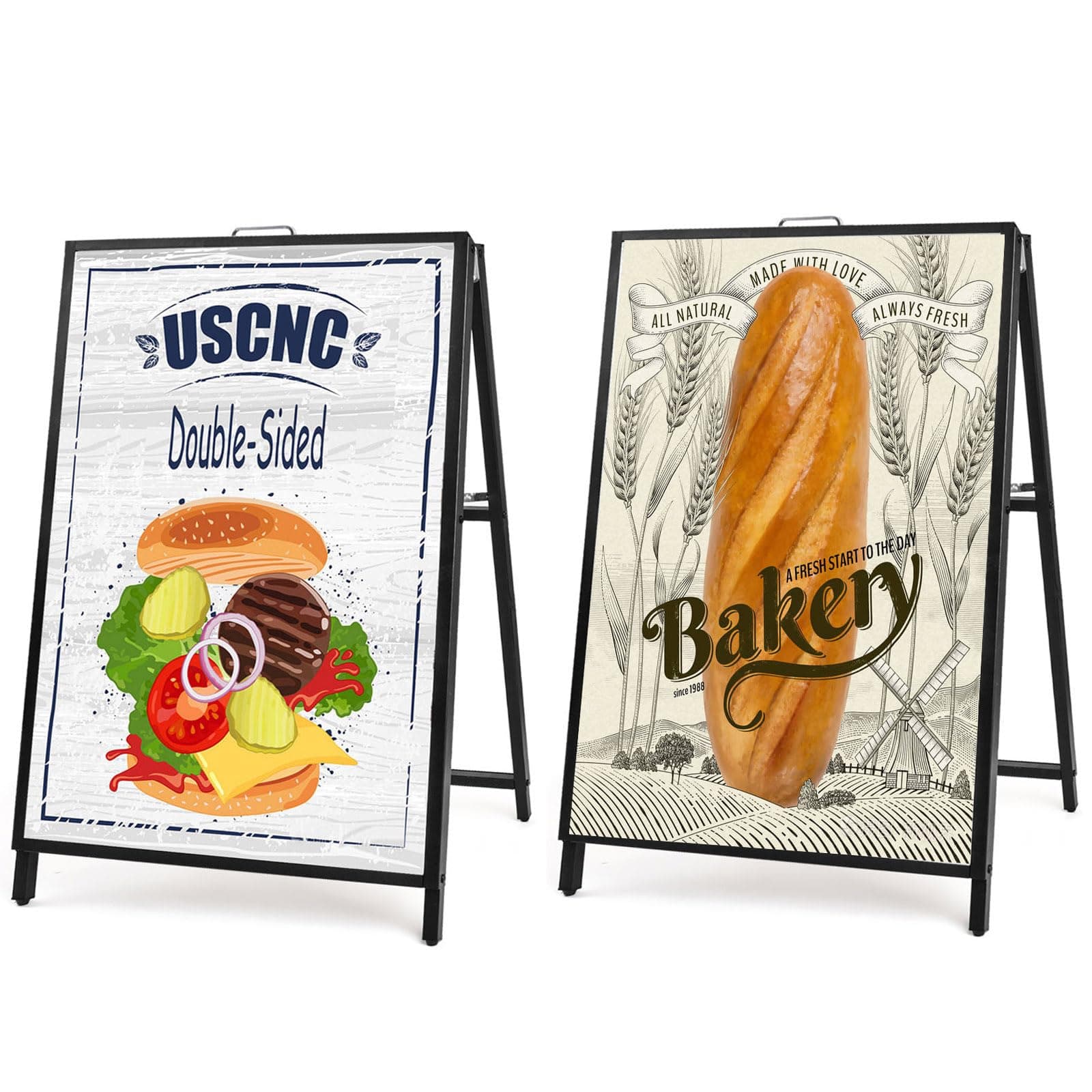 USCNC 2 Pack Heavy Duty A-Frame Sidewalk Sign 24 x 36 Inch, Portable Double-Sided Sandwich Board Slide-in Folding Metal Signboard (Frame only，No white board)