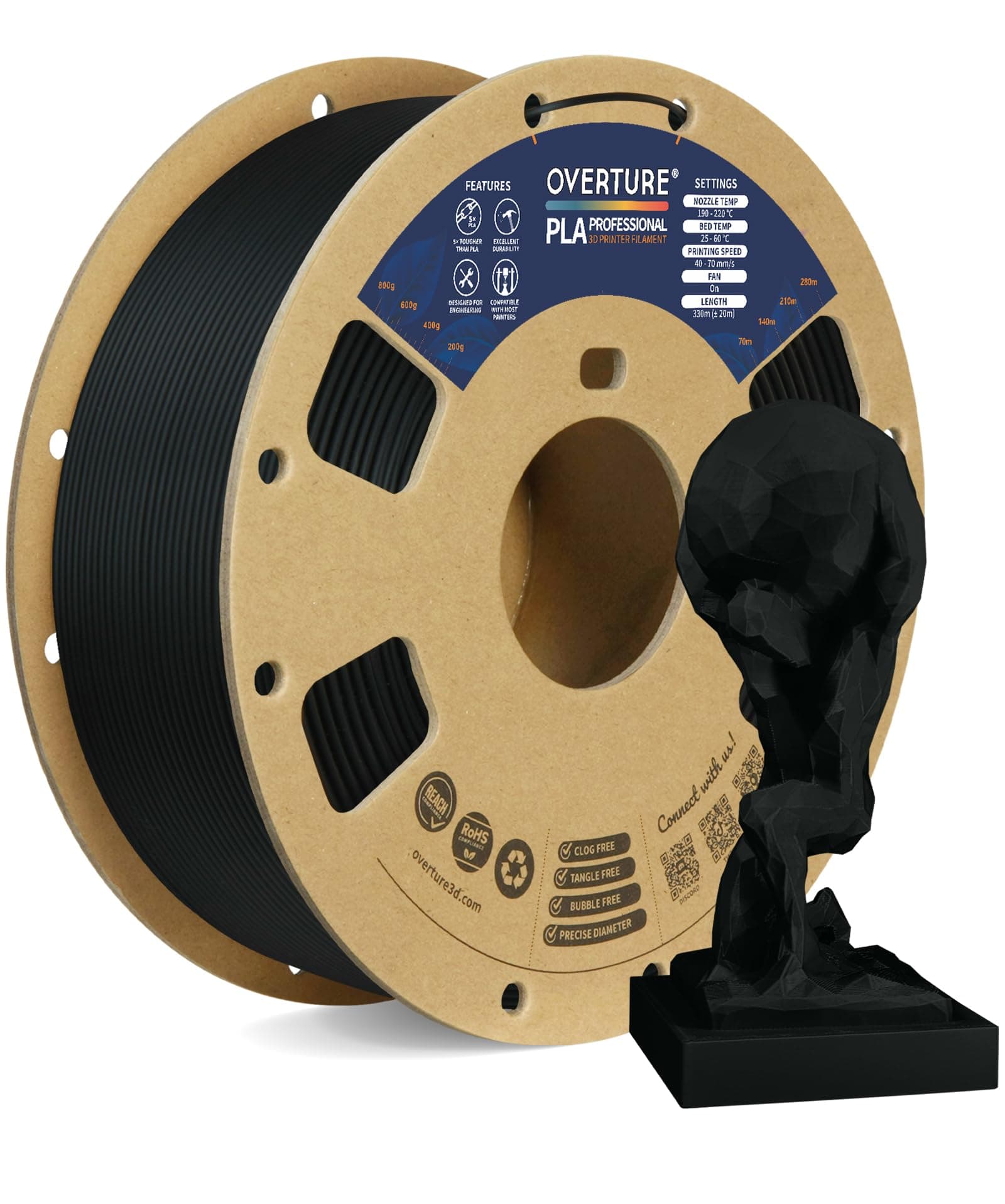 Overture PLA Plus (PLA+) Filament 1.75mm PLA Professional Toughness Enhanced PLA Roll with 3D Build Surface 200 × 200mm, Premium PLA 1kg Spool (2.2lbs), Dimensional Accuracy +/- 0.05 mm (Black)
