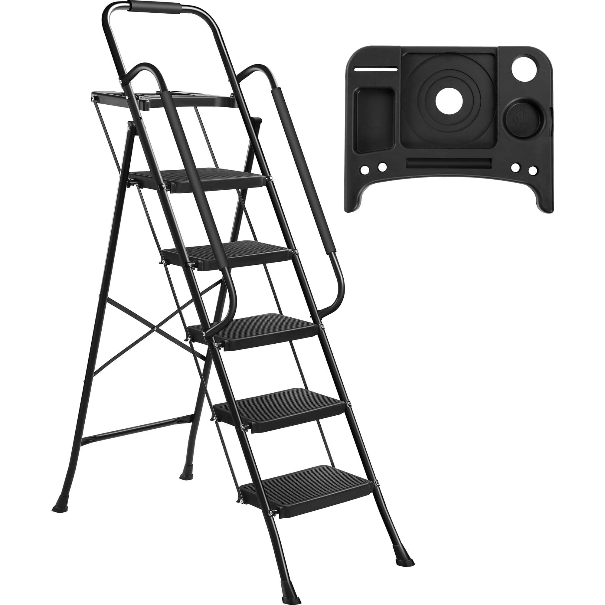 Rengue 5 Step Ladder with Handrails, Folding Ladder Step Stool with Tool Platform,Foldable Step Ladder for Kitchen Library Office 330 LBS Capacity, Black, RG-SLR01