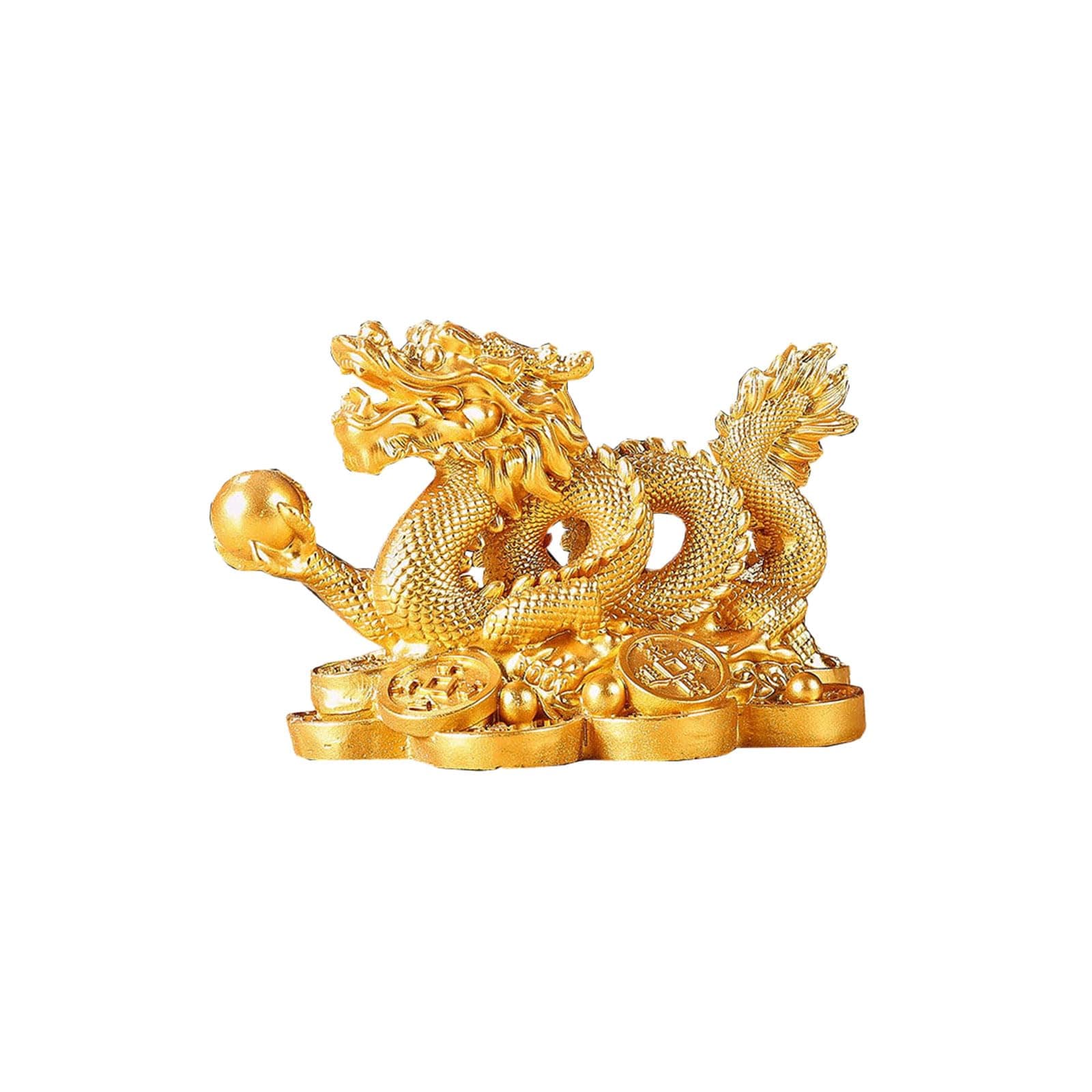 Feng Shui Dragon Statue- Chinese Dragon on Ancient Coins Figurine Ornament Attract Wealth and Good Luck Office Home Decor (Gold)