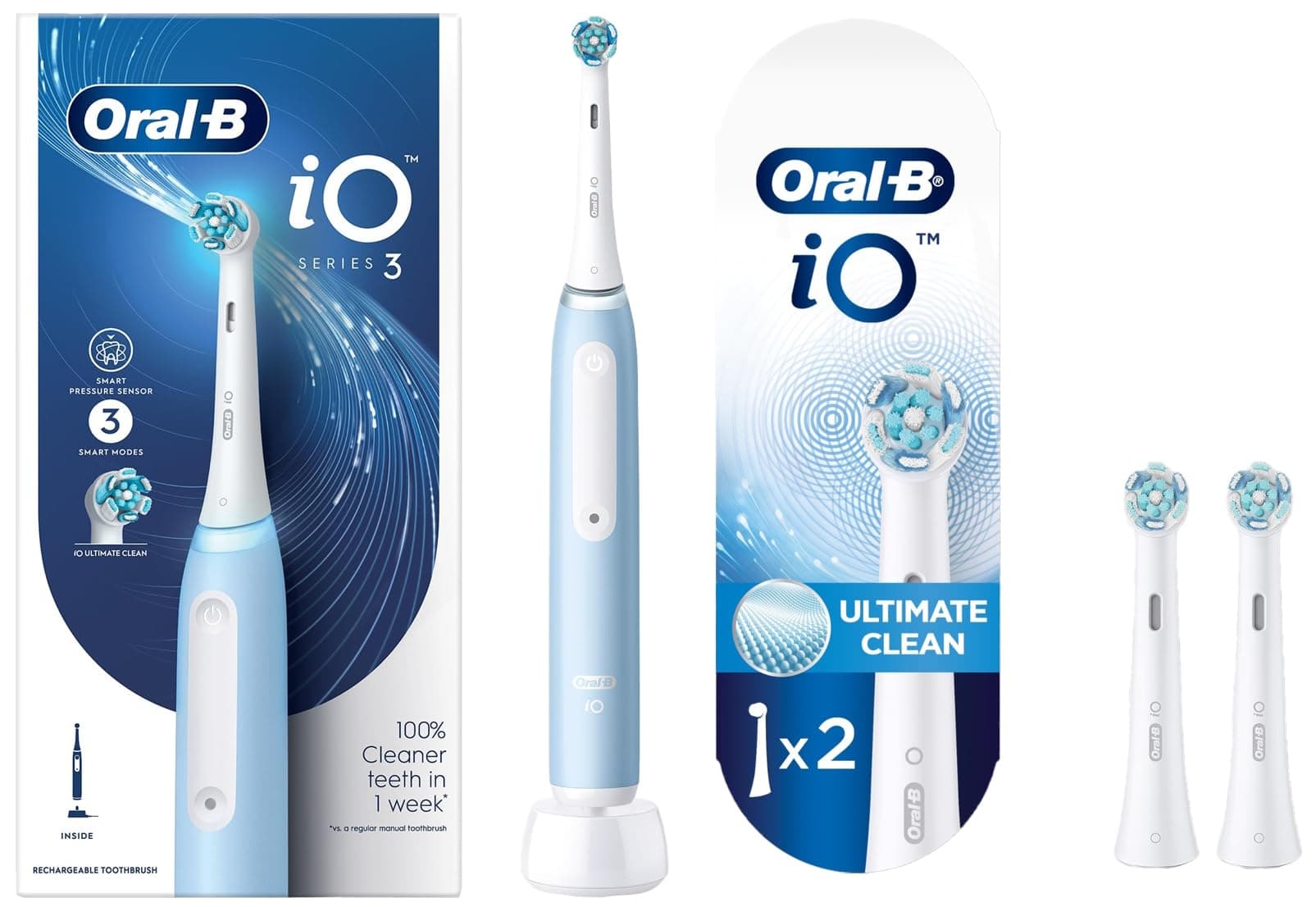 iO3 Ultimate Electric Toothbrush For Adults, 3 Smart Modes, Round Brush Head (Blue) With Original iO Electric Toothbrush White Replacement Brush Heads, Pack Of 2 Refills