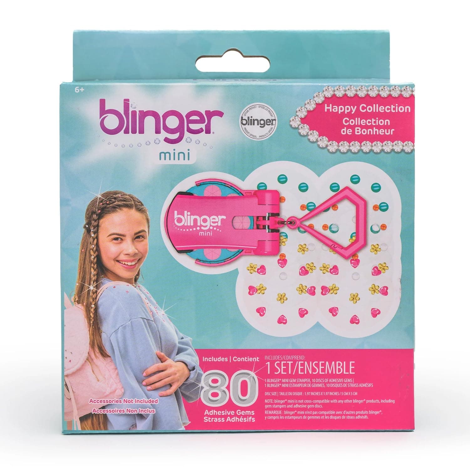 blinger® On The Go Mini Starter Set – Happy (Pink) | 80 Rhinestones | Hair Styling Tool | Hair-Safe – Bling in Brush Out