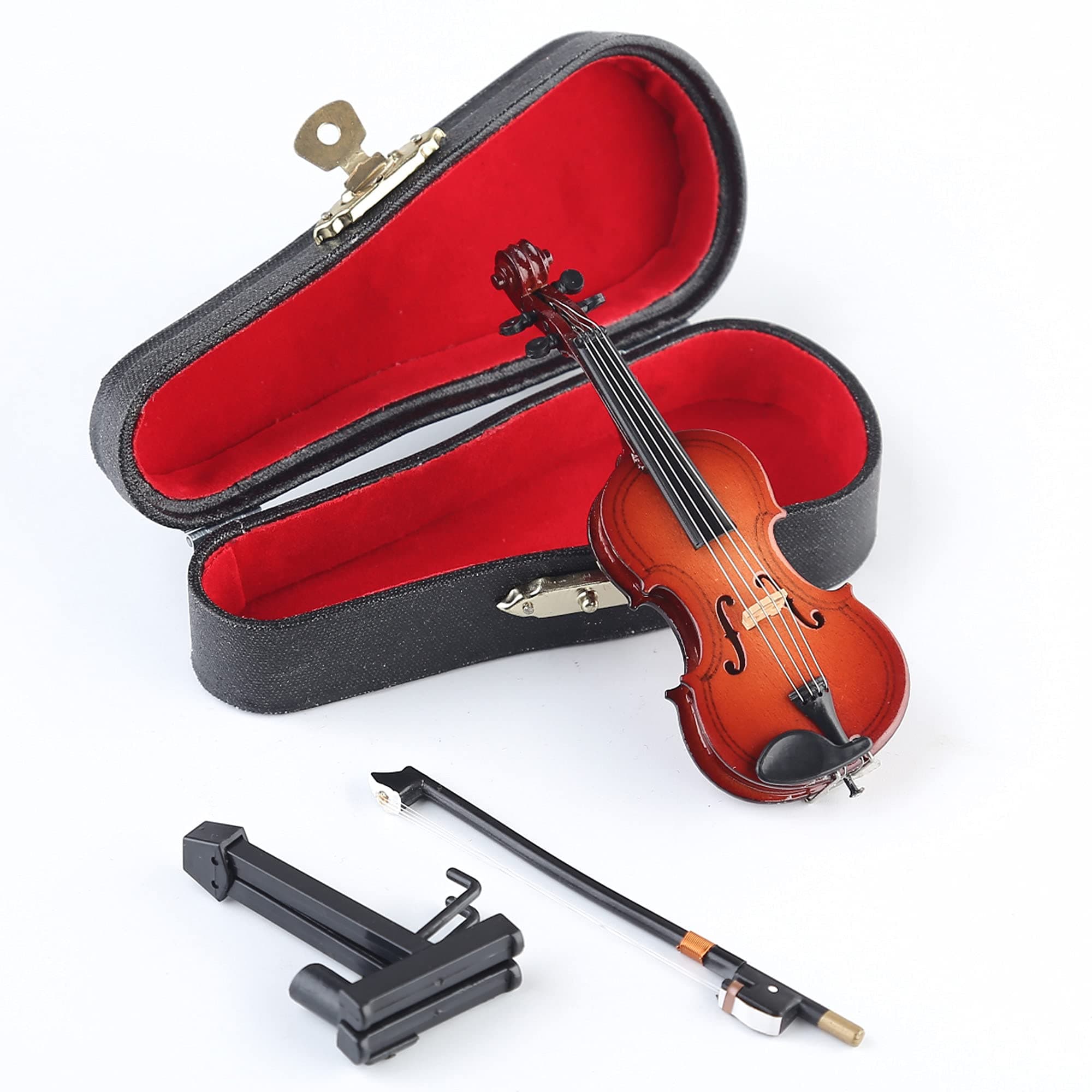 Wooden Miniature Violin with Stand, Bow and Case Mini Musical Instrument Violin Replica Collectible Figurines Dollhouse Accessories Model Home Decoration Display Ornament (3.94"x1.57"x0.63")