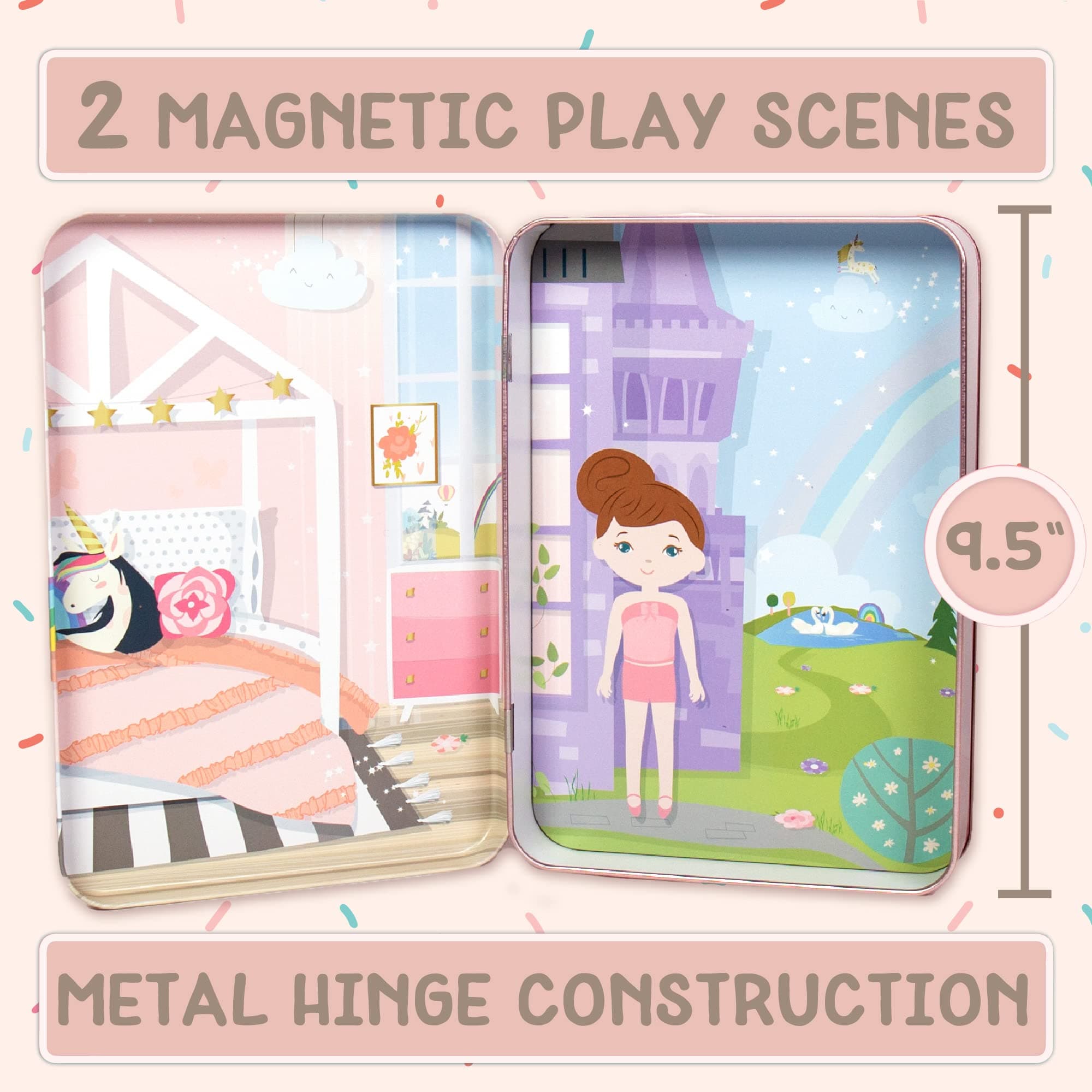 Story Magic Dress-Up Dolls Playset, Pretend Play Magnetic Case, Magnet Outfit and Accessory Pieces, Great for Travel or Playdates, Magnetic On The Go Activity Set for Ages 4, 5, 6, 7, Pink